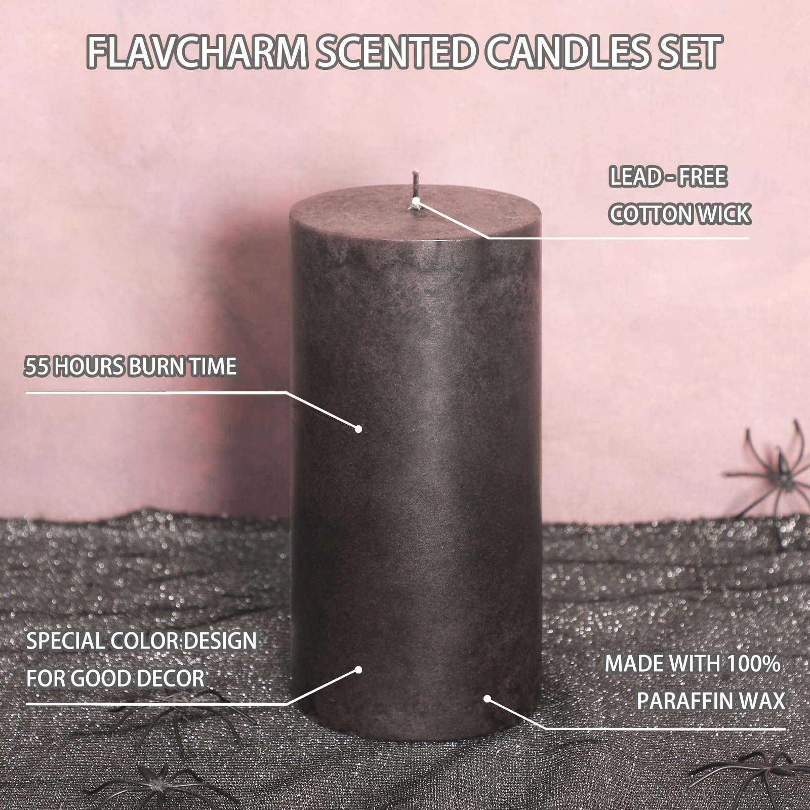 FLAVCHARM Halloween Decor Black Pillar Candles Sandalwood Scented Hand-Poured Smokeless Gothic Decoration Candles 3x6 Inch Blend Candle for Magic Spooky Horror Home Bar Creepy Dinner Table Decoration