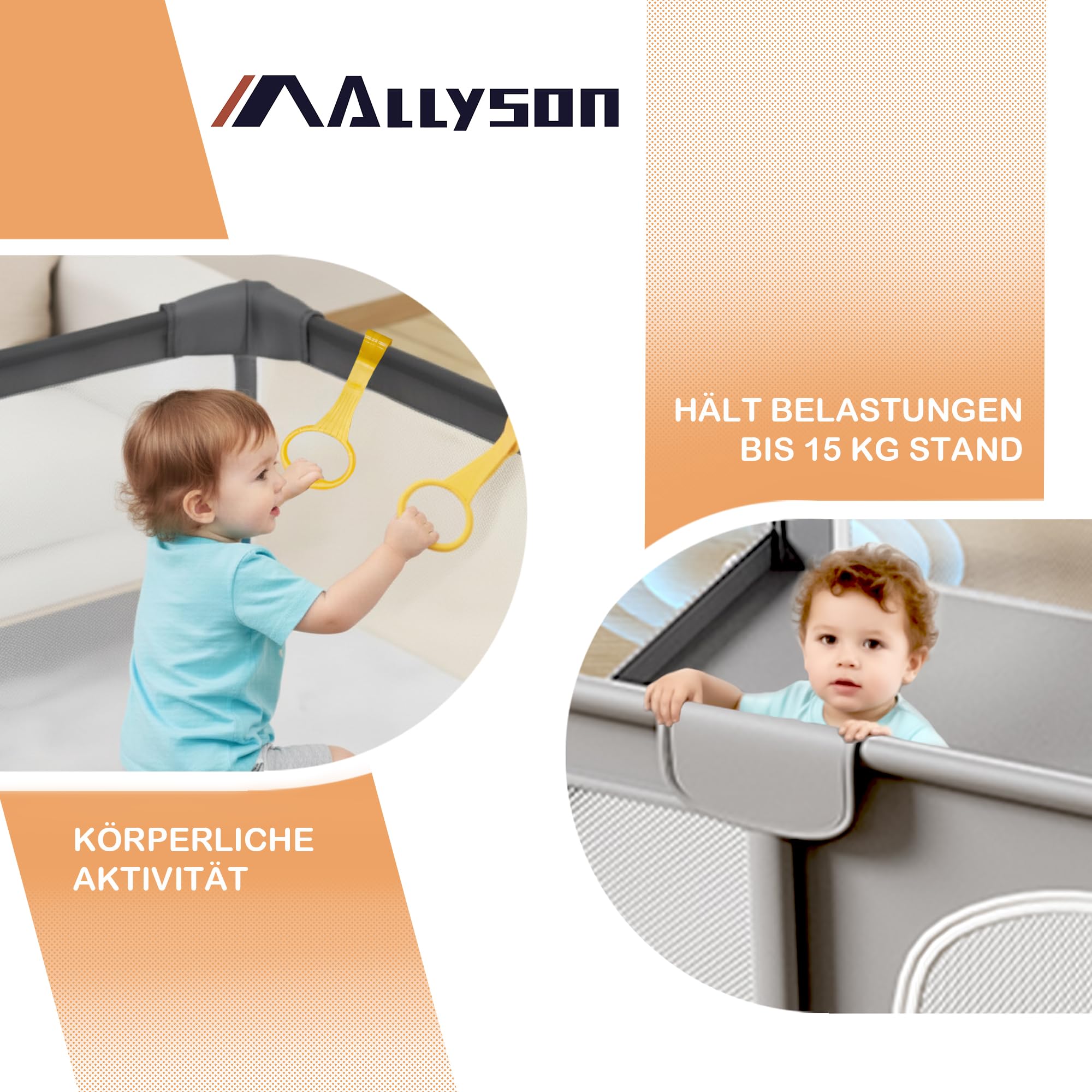 Allyson® Laufstall Baby mit Matte 130x130 cm, Großes Faltbares Laufgitter & Playpen sicher & stabil, Kleinkinder Kinderlaufstall Indoor & Outdoor, Spielgitter Zaun, tragbarer klappbar - Grau