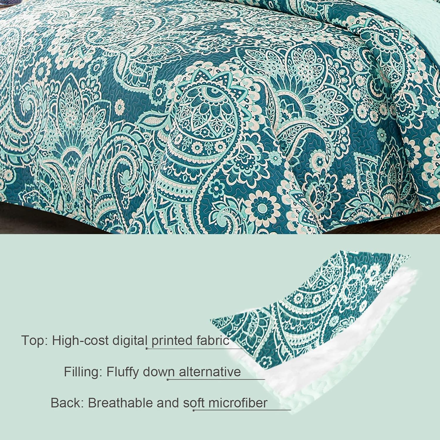 Whale Flotilla Reversible Printed Quilt King Size, Extra Soft Boho Paisley Floral Bedspreads for Bed Lightweight King Quilt Bedding Set Coverlets with 2 Pillow Shams for All Seasons, Turquoise - Image 5