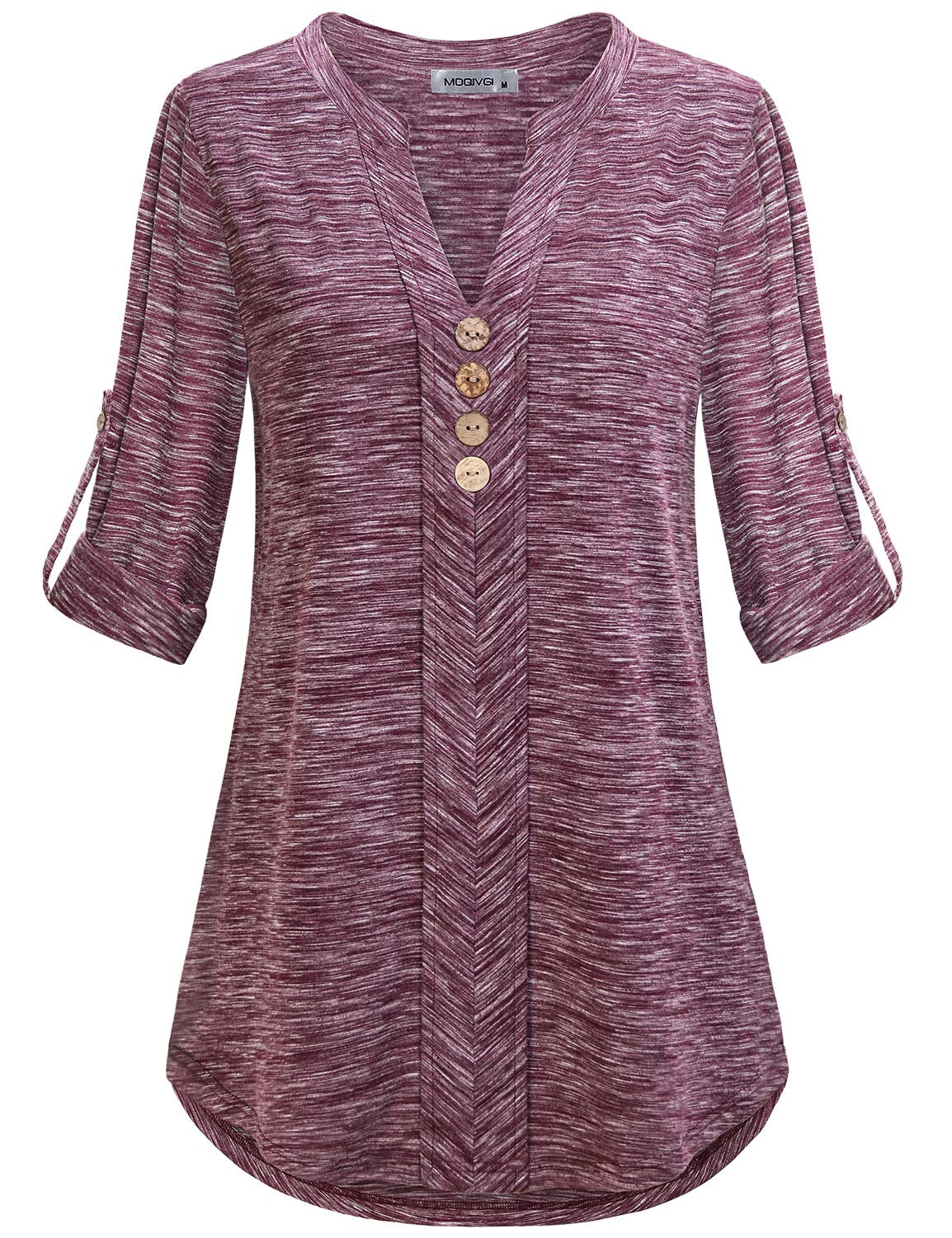 MOQIVGI Womens Roll Tab Sleeve V Neck Plaid Shirts Trendy Casual Checkered Blouse Tops