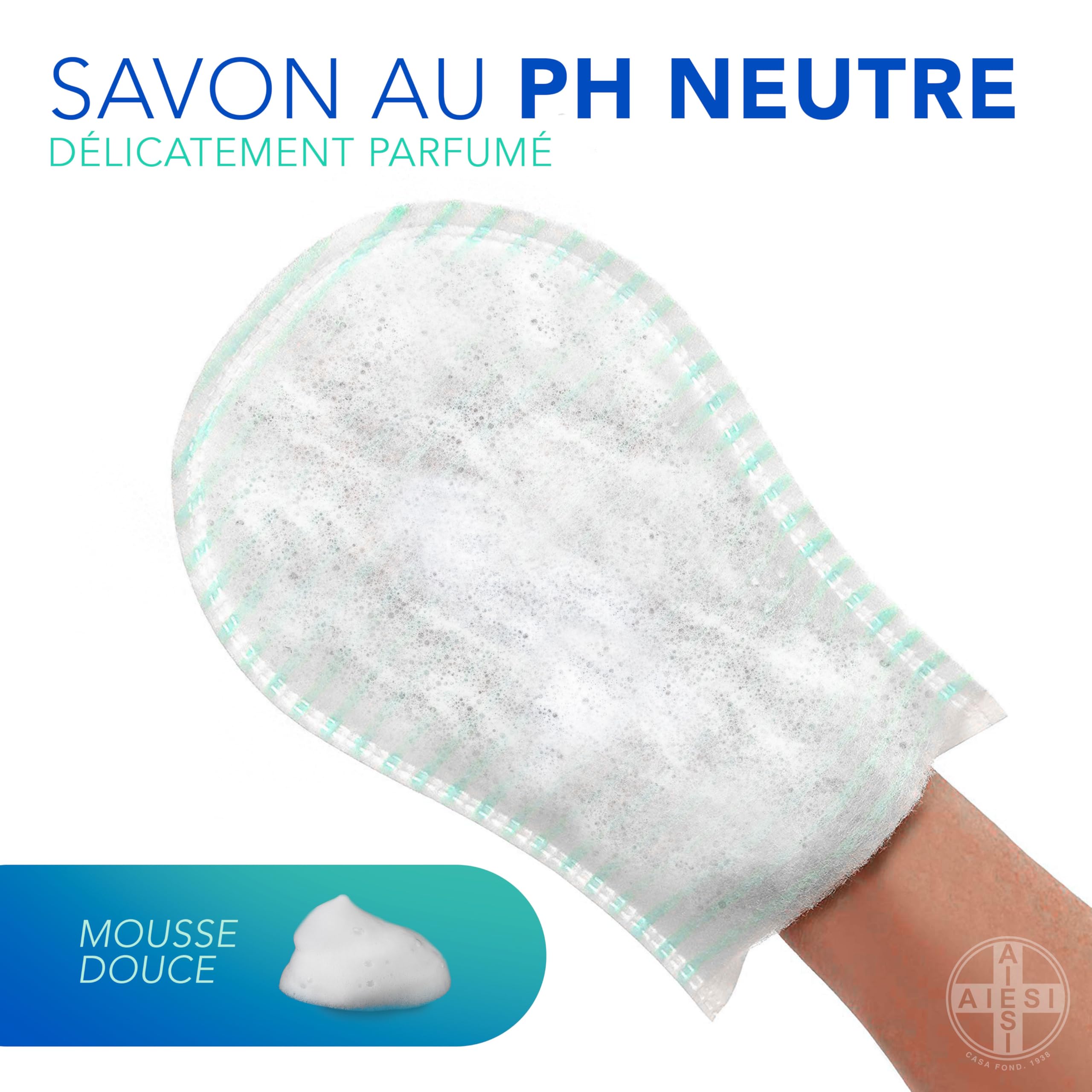 AIESI® Gants de toilette jetables avec savon haute qualité imperméable avec éponge douce (Paquet de 100 pièces), Délicatement parfumé, Sans rinçage