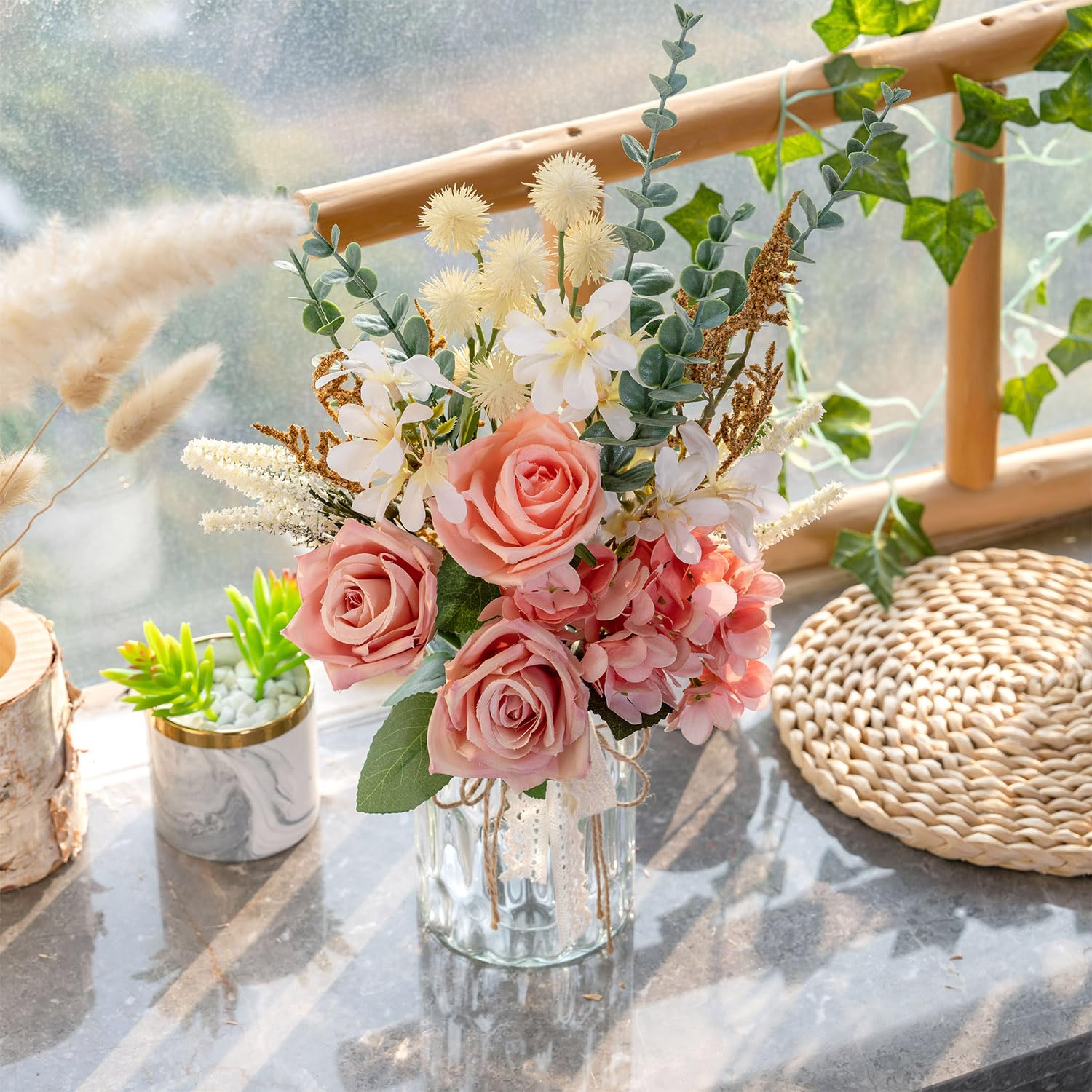 Yorkmills Artificial Pink Hydrangea with Vase for Home Spring Decor Realistic Faux Roses for Indoor Centerpieces - Image 2
