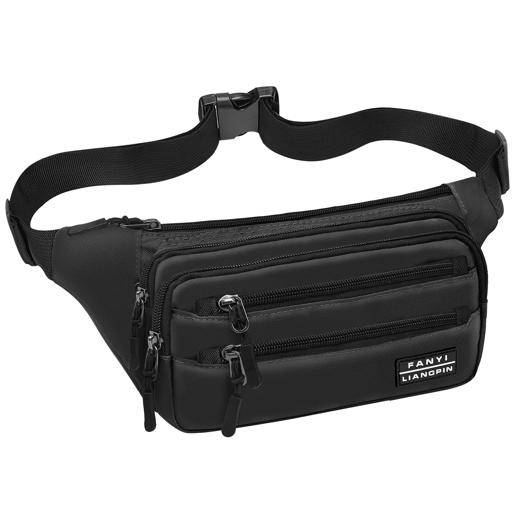 Sarsumir Bum Bag Waist Fanny Pack for Men Women, Bumbag Running Belt Bag with 6 Pockets & Adjustable Strap, Waterproof Bum Bags for Hiking Cycling Travel Gym Dog Walking, Black