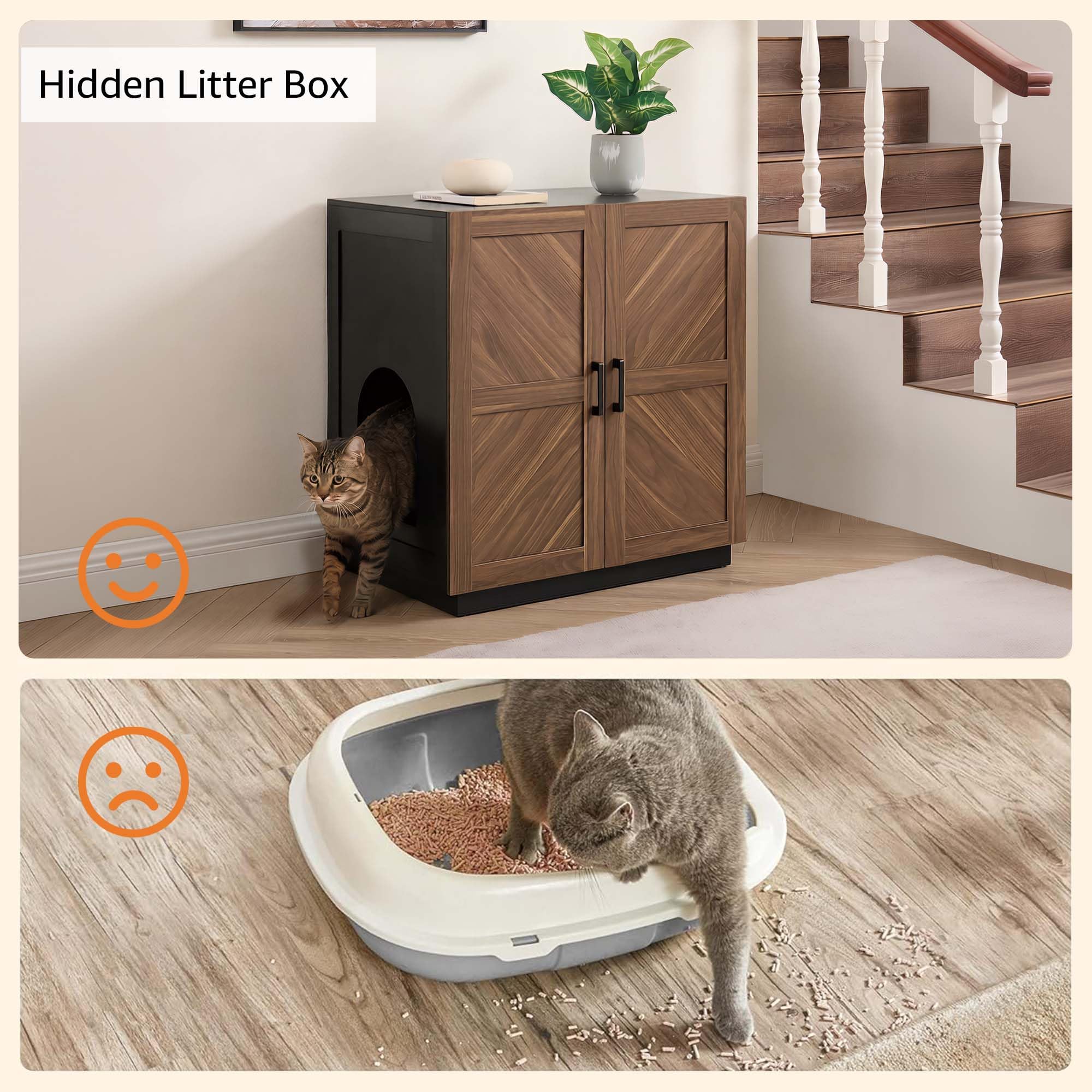 unipaws Cat Litter Box Enclosure Furniture with Storage Shelf, Tall Hidden Litter Box Cover for Tall or Top Entry Litter Box, Kitty Enclosed Cabinet, Cat Box with Odor Control, Walnut and Black - image 4