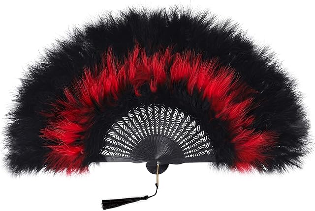 BABEYOND 1920s Marabou Feather Fan Flapper Folding Hand Fans Feather Fan Handheld for 20s Vintage Gatsby Party (Rib Black Red)