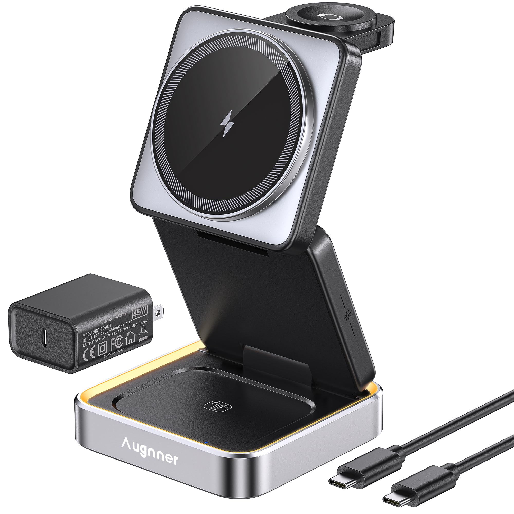 Estacion de Carga iPhone 25W, Plegable Cargador Inalámbrico Rapida para iPhone 17 16 15 14 13 12, 3 en 1 Base de Carga iPhone y iWatch, Soporte de Carga de Viaje con AirPods Pro con 45W Adaptador
