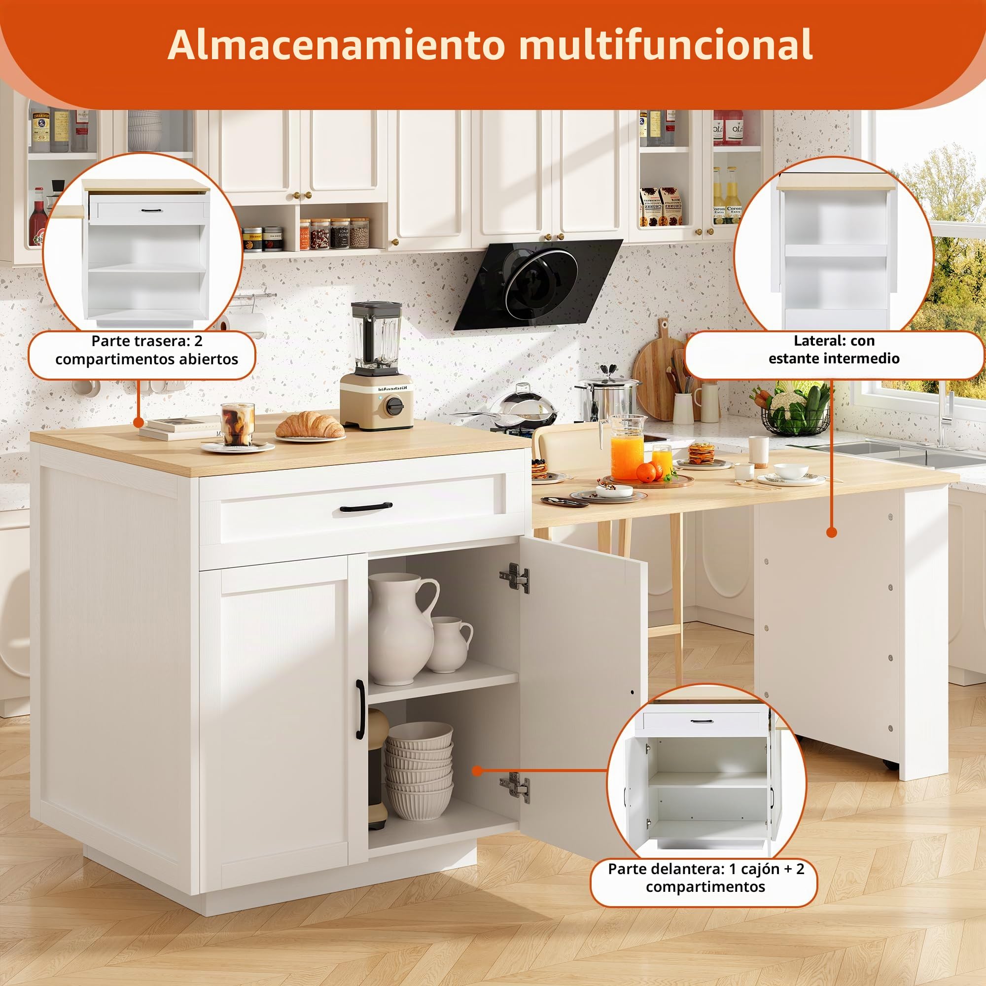 Sapgaks - Mesa de bar extensible con espacio de almacenamiento (133-202 × 70 × 93,5 cm), mesa de comedor extensible, isla de cocina para 2 a 6 personas, carrito de cocina con estantes laterales, color
