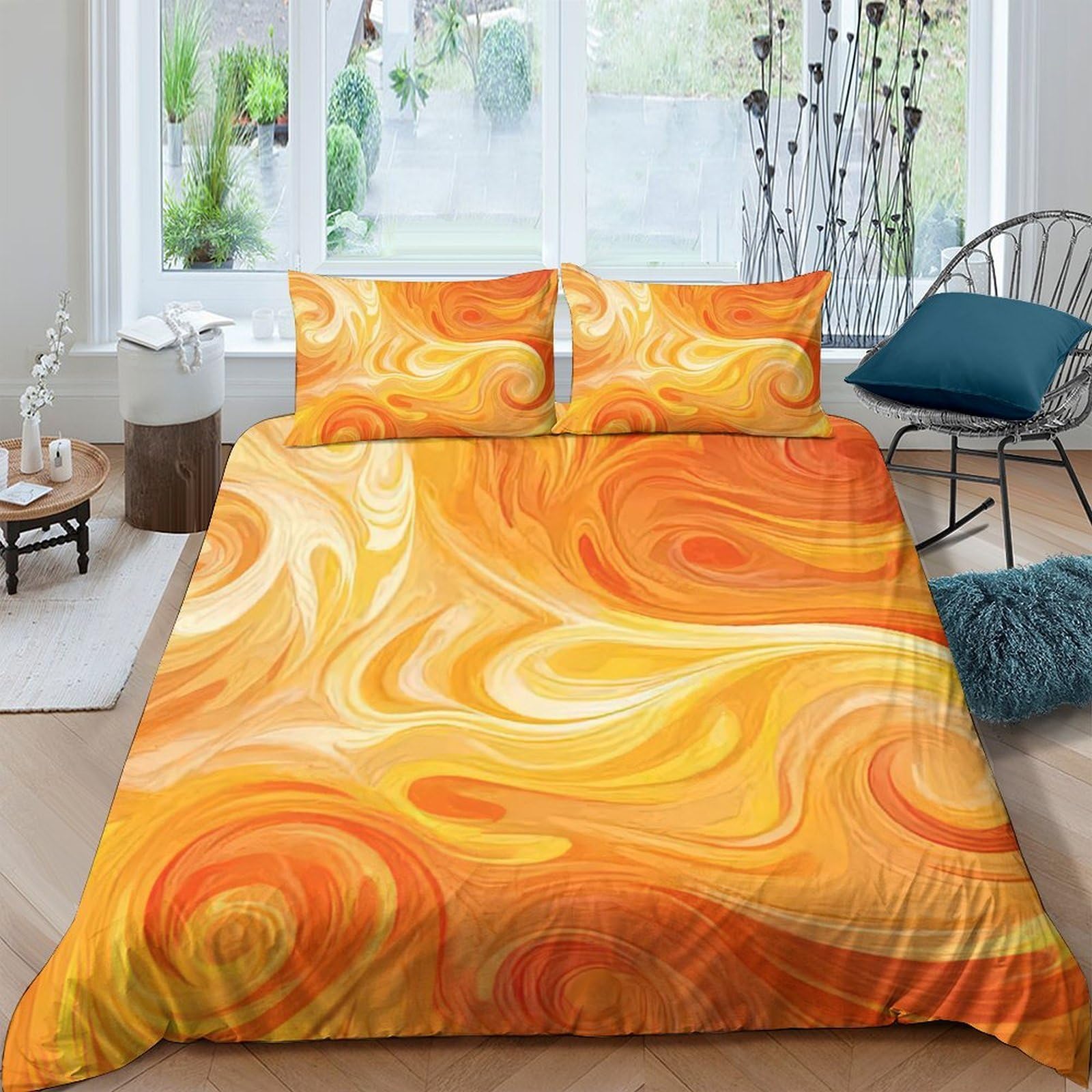 Ctjqhvkz Style-2 3D Printed Swirl Sunrise Fitted Sheet Microfiber Orange Yellow Bed Cover For Bedroom Guest Room Decor Easy Care Single（135X200cm）