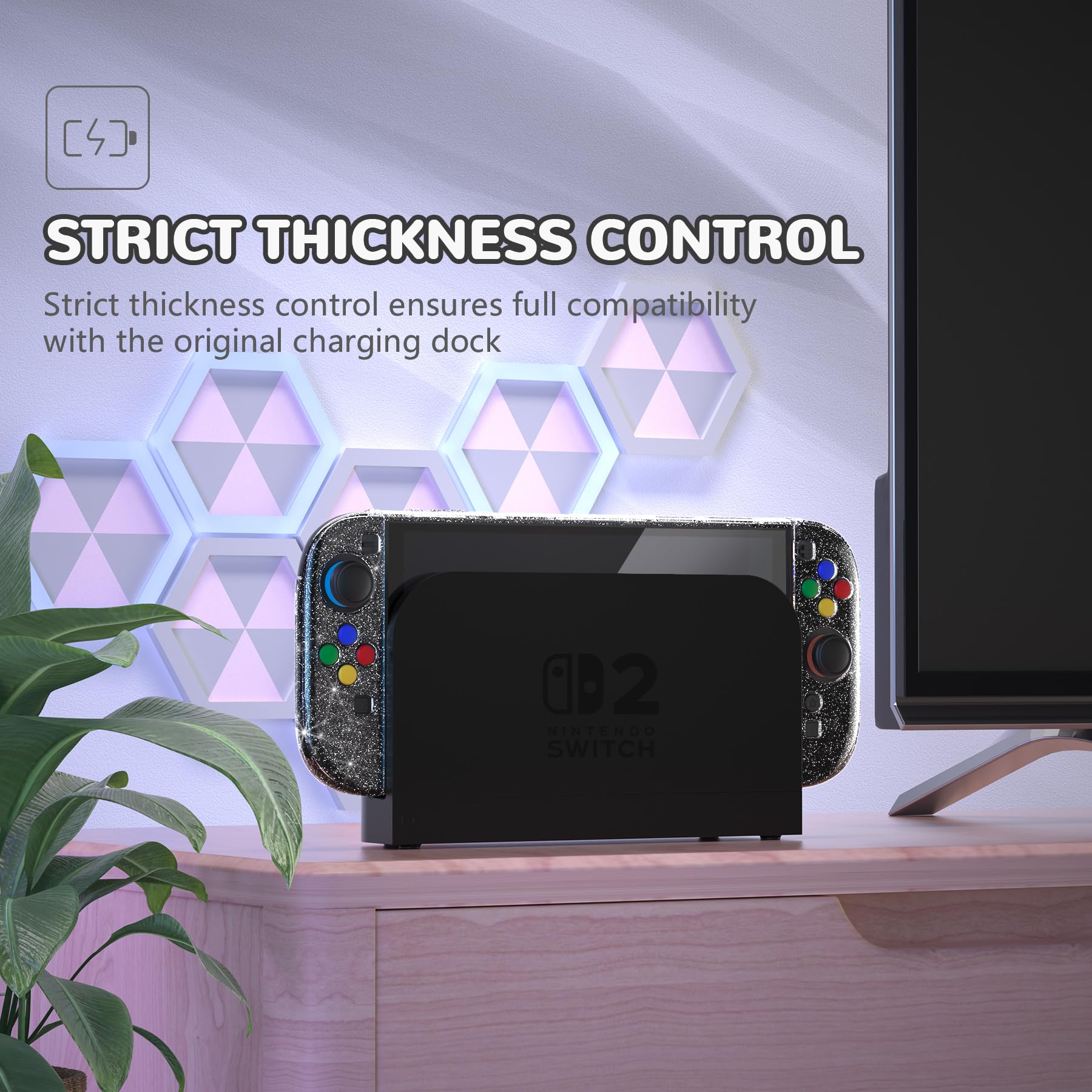 playvital pour Switch 2 Coque avec Cover Grip pour Joycon,Coque Protection Dockable pour Nintendo Switch 2 Support & Capuchon Joystick & Caps Boutons-Argent Clair Glitter