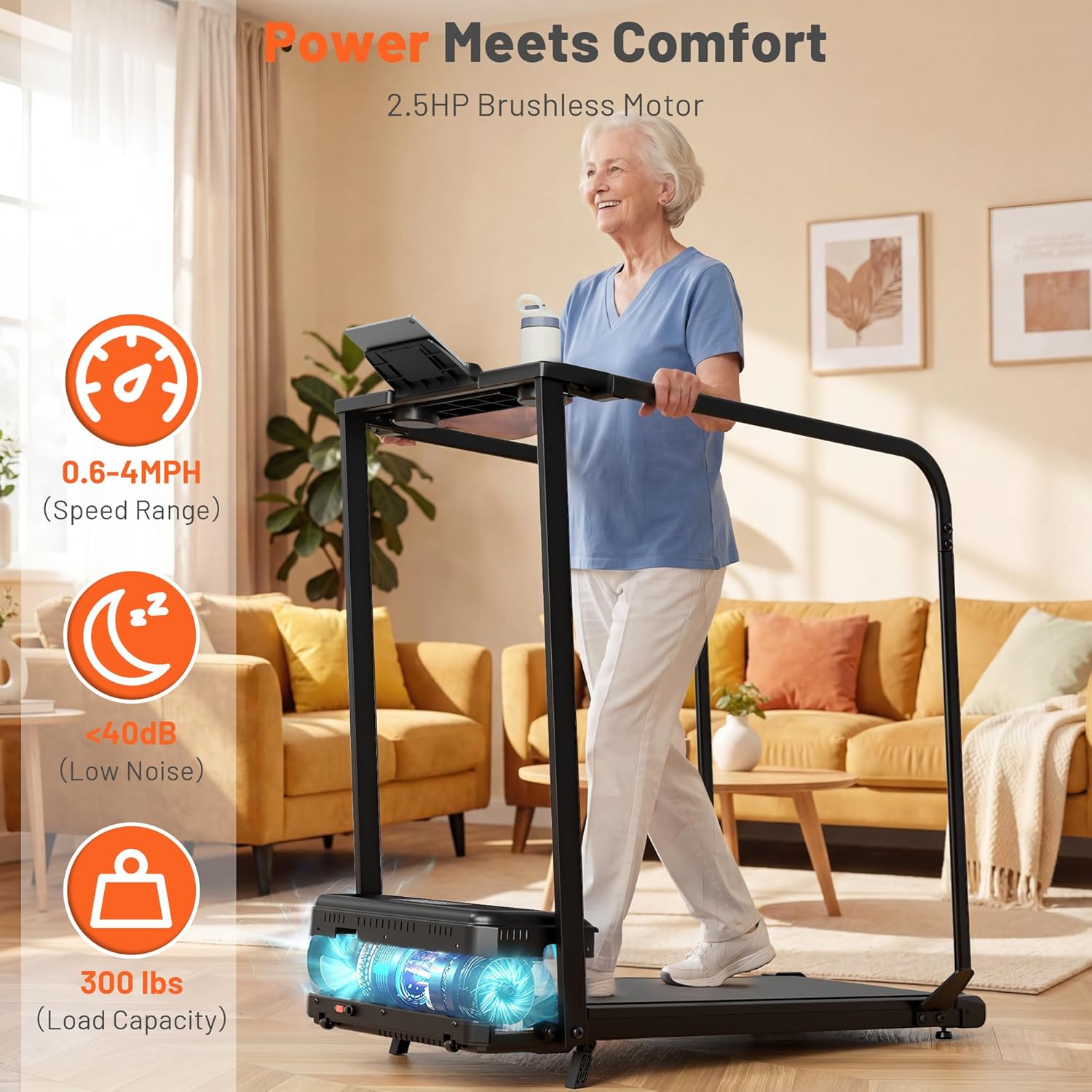FUNMILY Walking Pad with Long Handrails for Seniors - Compact Treadmill with Incline for Home, Recovery Machine with Wheels, Remote Control, LED Display, Cup & Phone Holder