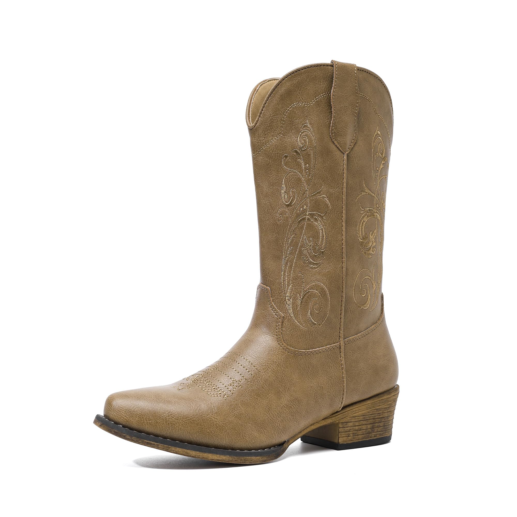 Cowboy Boots Women Western Mid Boots Embroidered Cowgirl Boots Ladies Pointy Toe Fashion Boots