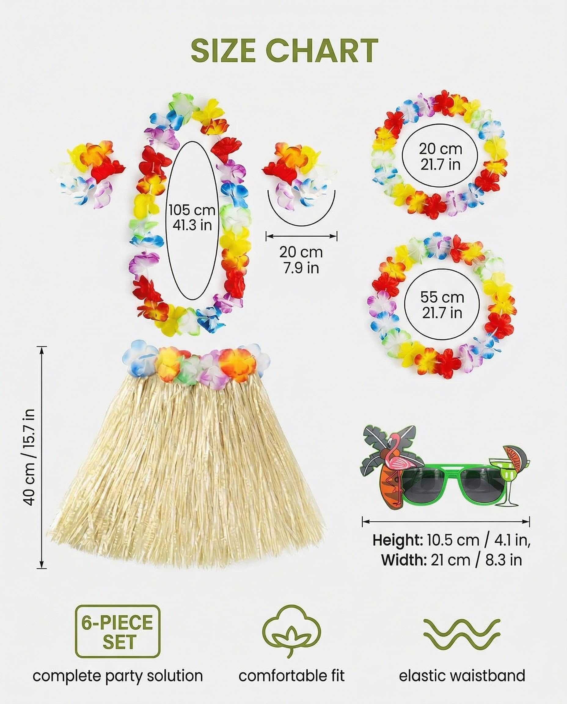 Set Hawaiano De 5 Piezas – Falda De Paja, Collar, Pulsera, Diadema Y Guirnalda – Colores Surtidos – Para Fiestas Temáticas, Playa Y Carnaval