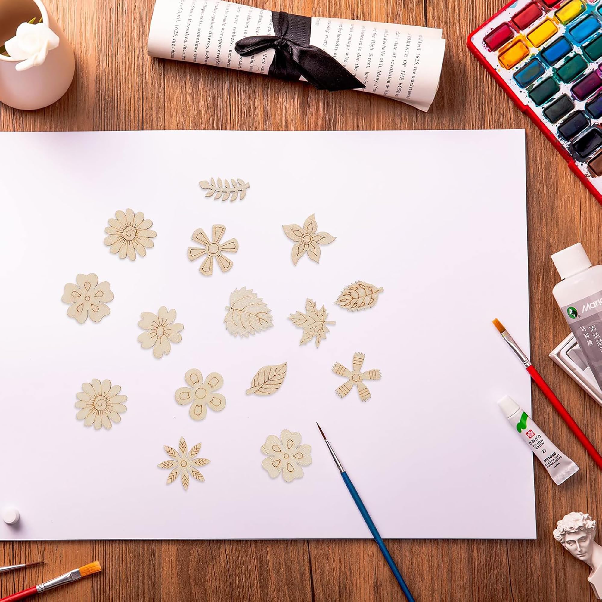 Cliths Pack of 30 Pcs DIY Wooden Flowers for Crafts, Unfinished Wood Cutouts for Painting, Fall Leaves Craft Shapes, Decorative Wooden Chips for DIY, Scrapbooking, and Home Decor 4