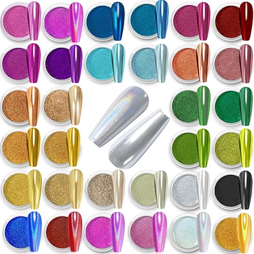 Allstarry Polvo de uñas cromado, 32 colores, efecto espejo metálico, polvo holográfico de manicura, pigmento con purpurina para decoración de uñas,