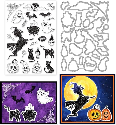 ORIGACH Sellos transparentes y troqueles de corte de Halloween, bruja, fantasma, gato, murciélago, calabaza, sellos de silicona y troqueles de metal