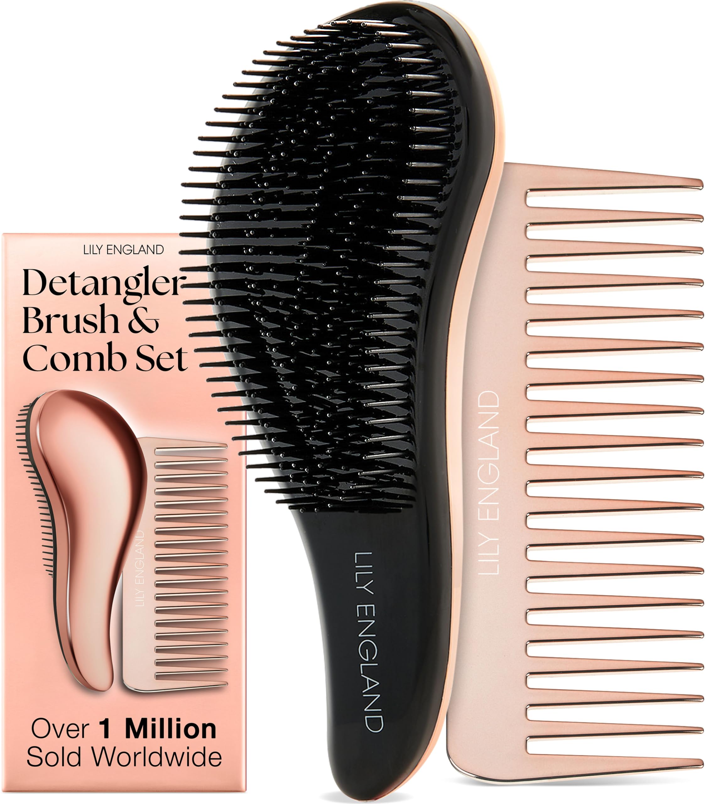 Lily England Detangling Comb & Hair Brush Set - Wide Tooth Comb for Curly, Straight, Thick, Fine & Wet Hair - Gentle & Pain-Free Detangler for Women & Kids - Lightweight Haircare Tools, Rose-Gold
