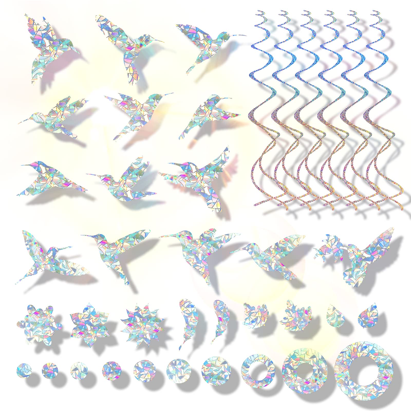 Daily Tresaures 33Pcs Anti-Collision Window Stickers, Multi-Shaped Prism Vinyl Window Clings with 6Pcs Spiral Shaped Reflectors for Bird Strikes-Stop Birds Flying into Windows(Bird/Circle/Flower/Leaf)