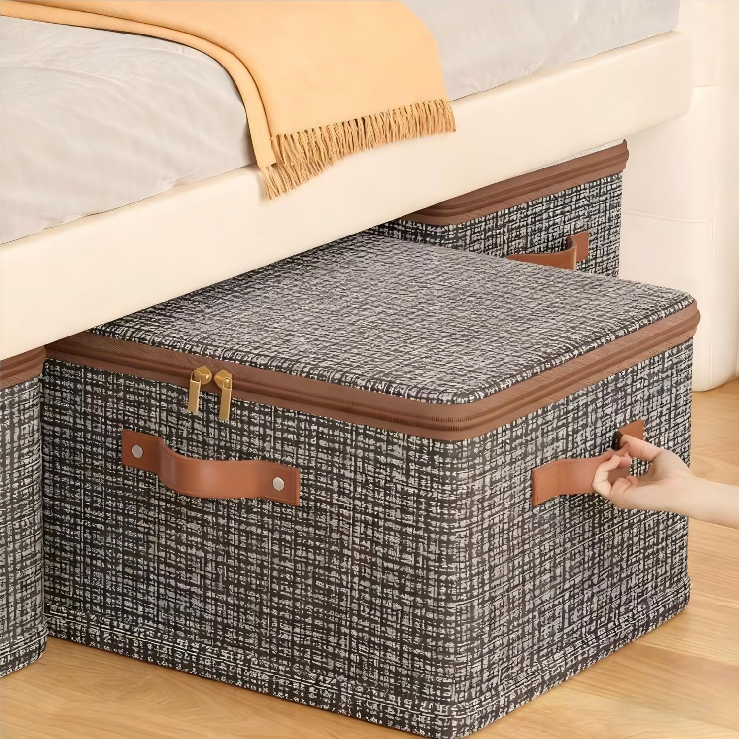 4 Pack 59.2 Quart Fabric Storage Bins with Lid, 19.3x14.6x12.2 in Stackable Closet Organizer Baskets, Foldable Polyester Cube Storage with Handles, Decorative Organizer Boxes for Shelves, Grey