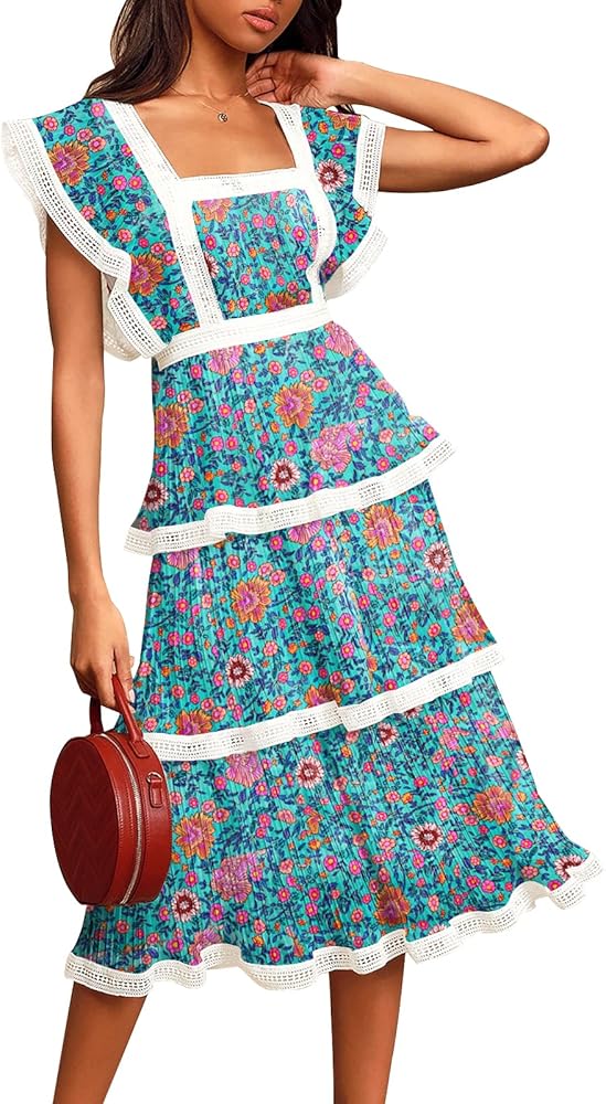 ETCYY Women's Summer Ruffle Dress Tiered Layed Chiffon Lace