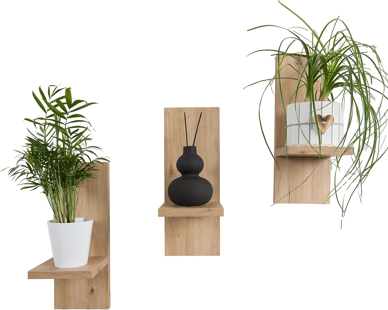 Mex-System Juego de 3 estantes para flores, elegantes estantes de pared de madera para sus plantas y decoración de paredes (roble artesanal)