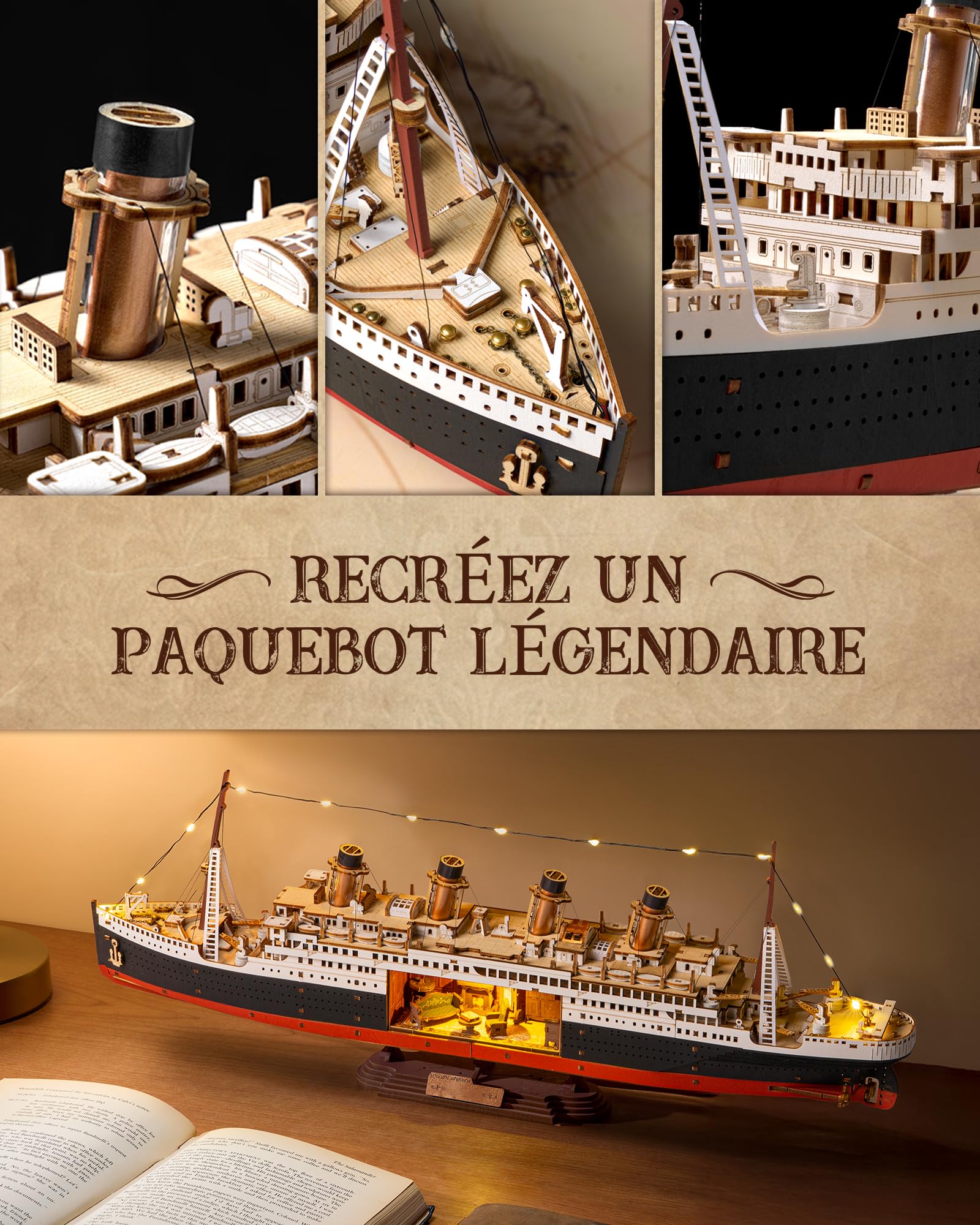 ROBOTIME Puzzle 3D en bois 1912 Eternal Atlantic Voyager, kits de modèles pour adultes à construire, cadeaux d'artisanat de décoration de maison pour adultes et adolescents
