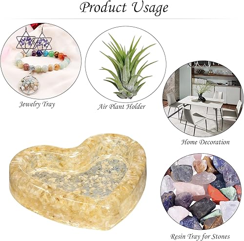 Vista 2 de Rockcloud Bandeja de piedra con forma de corazón de 4.8 pulgadas con resina, bandeja de joyería de cristal para decoración de mesa de oficina