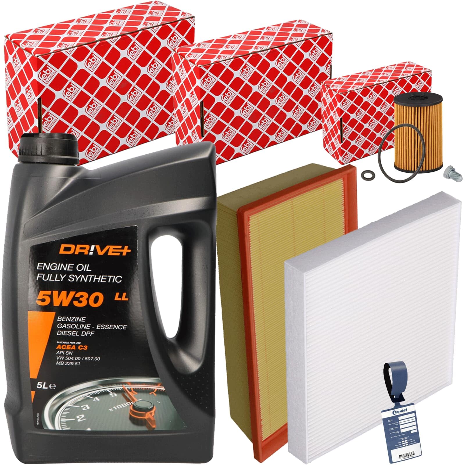 Febi Filterset+Dr!ve 5W30 Öl | 100468+48465+47827+588.670.001+Mn+DP3310.10.0012 passend für A3 8V Golf 7 8 Passat B8