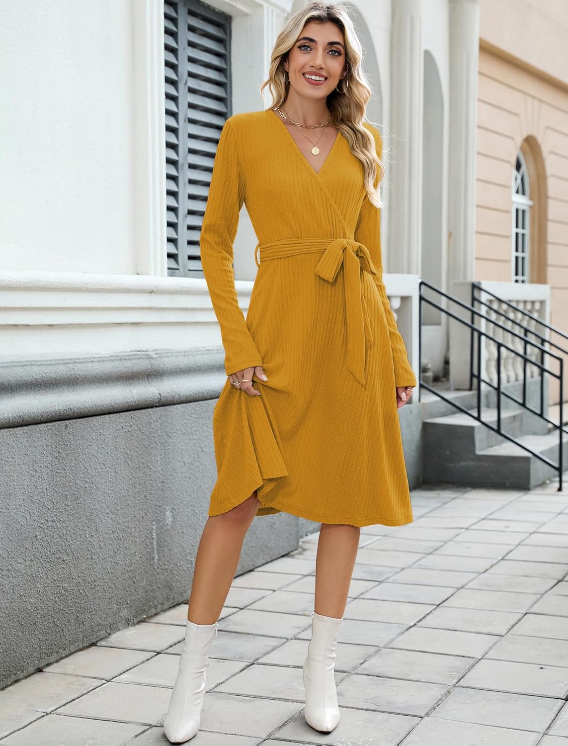 ZAFUL Women's 2025 Casual V Neck Long Sleeve Sweater Dress Wrap Ribbed Knit Pleated Midi Dresses with Belt - Image 3