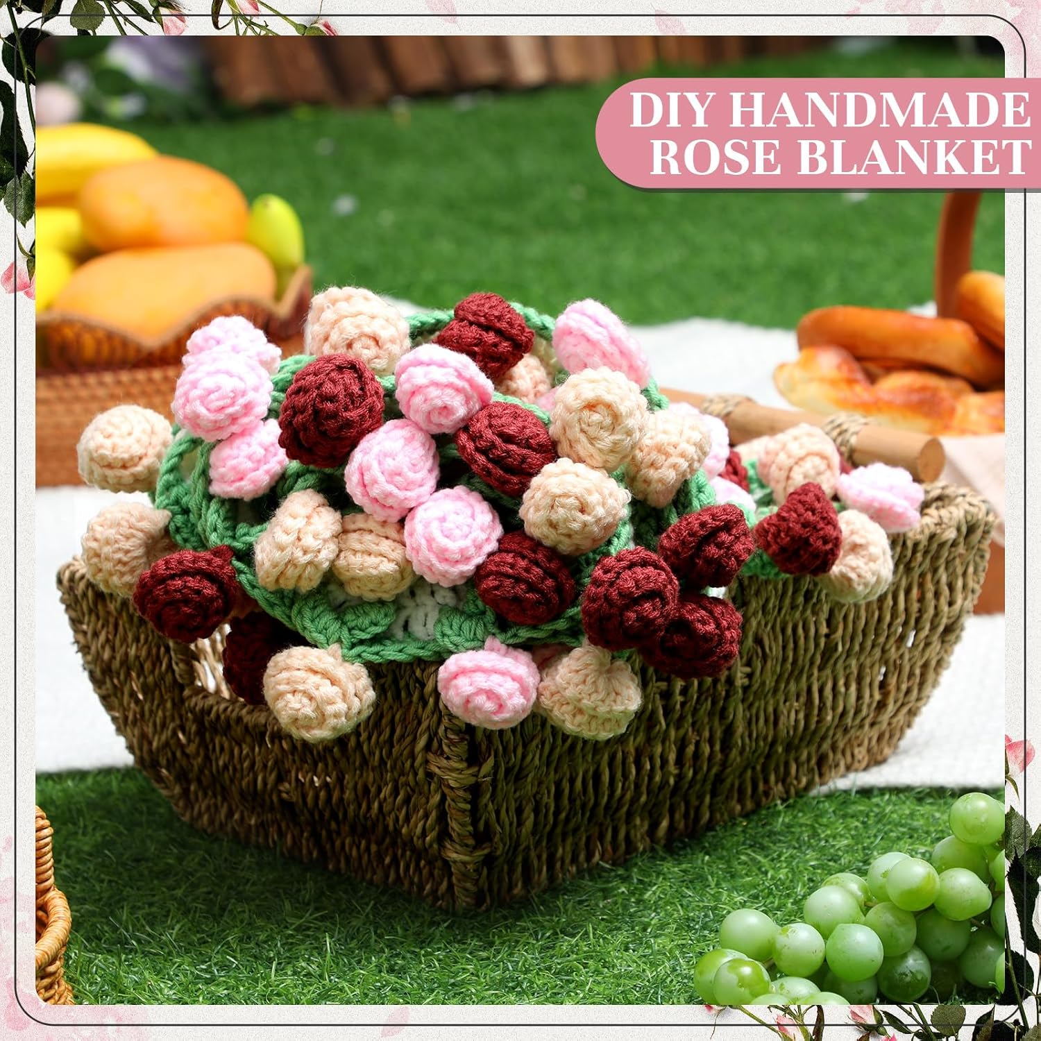 Crochet Flowers Blanket Handmade Floral Bouquet Throw Blanket Soft Lightweight Cozy Knitted Gifts for Women Birthday Anniversary Christmas Wedding Party Presents, 33.5 x 33.5 inch(Rose) - Image 4