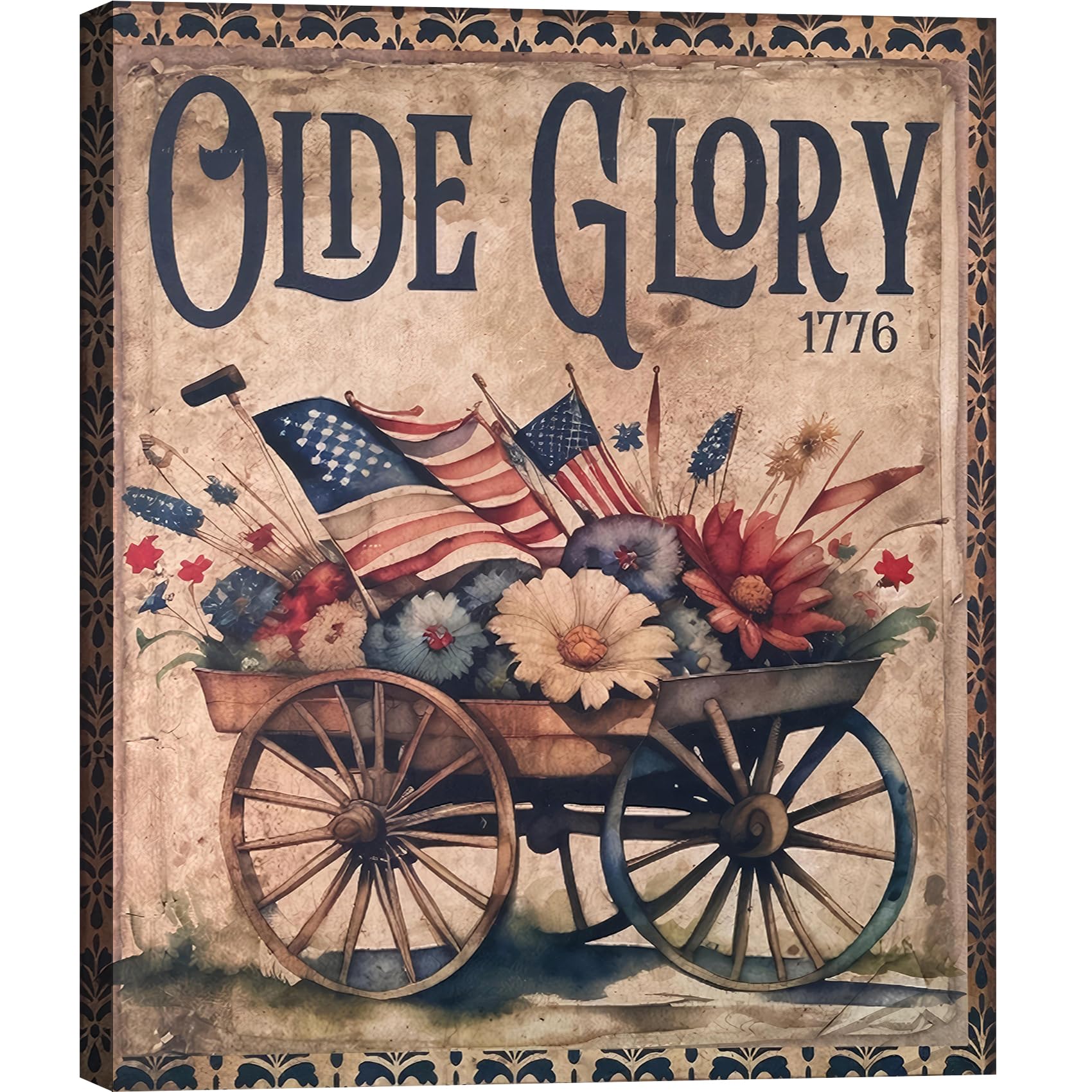 FLZYKGPA Vintage Flowers Flag Wheelbarrow Cart Wall Art, OLde Glory 1776 Independence Day Patriotic Framed Poster, Primitive July 4th Americana Canvas