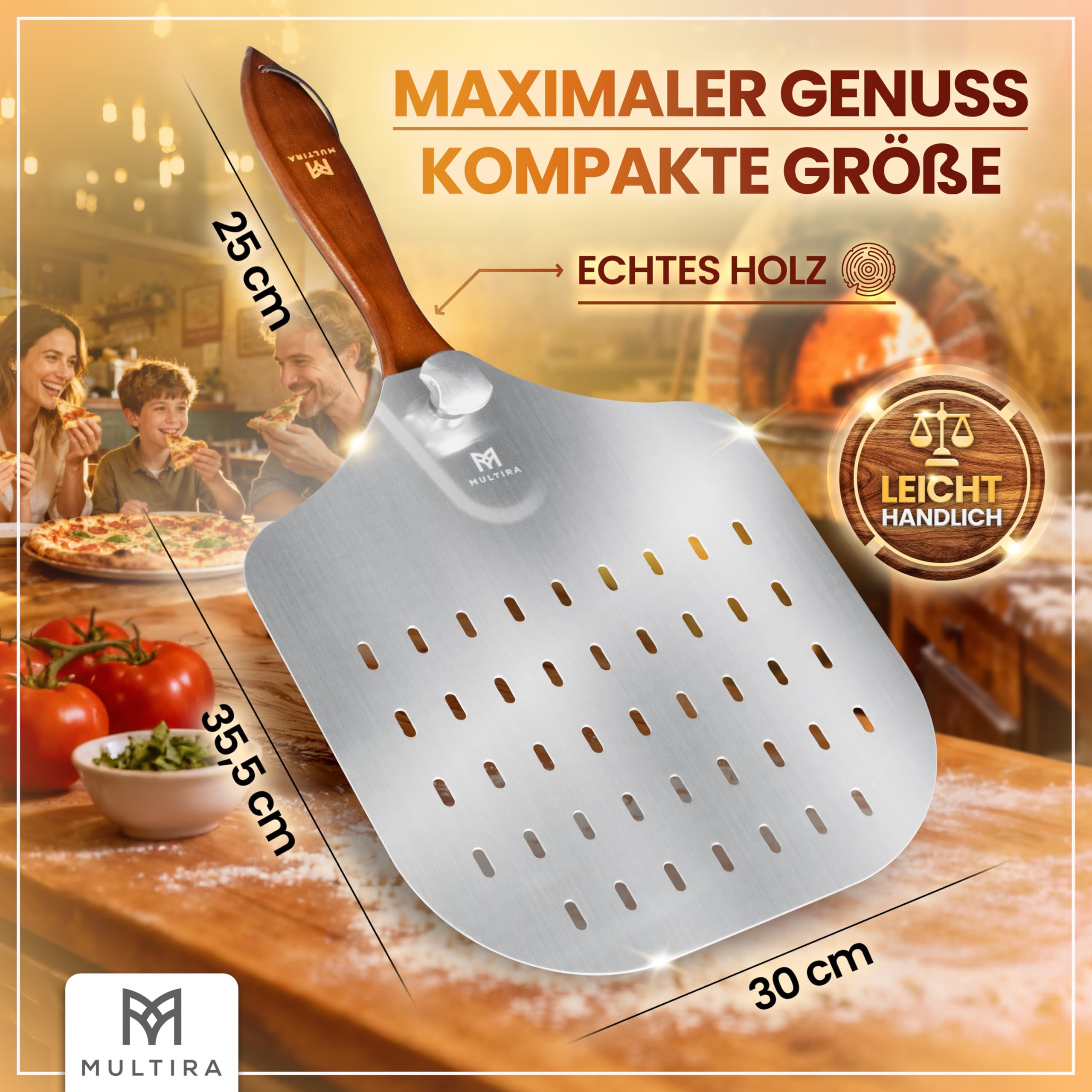 Pala per pizza – Pala per pizza – Pala in alluminio perforato – Paletta girevole rimovibile – Manico ergonomico in legno robusto – Portata 5 kg – Peso 530 g – Dimensioni: 60,5 x 30,5 x 4 cm