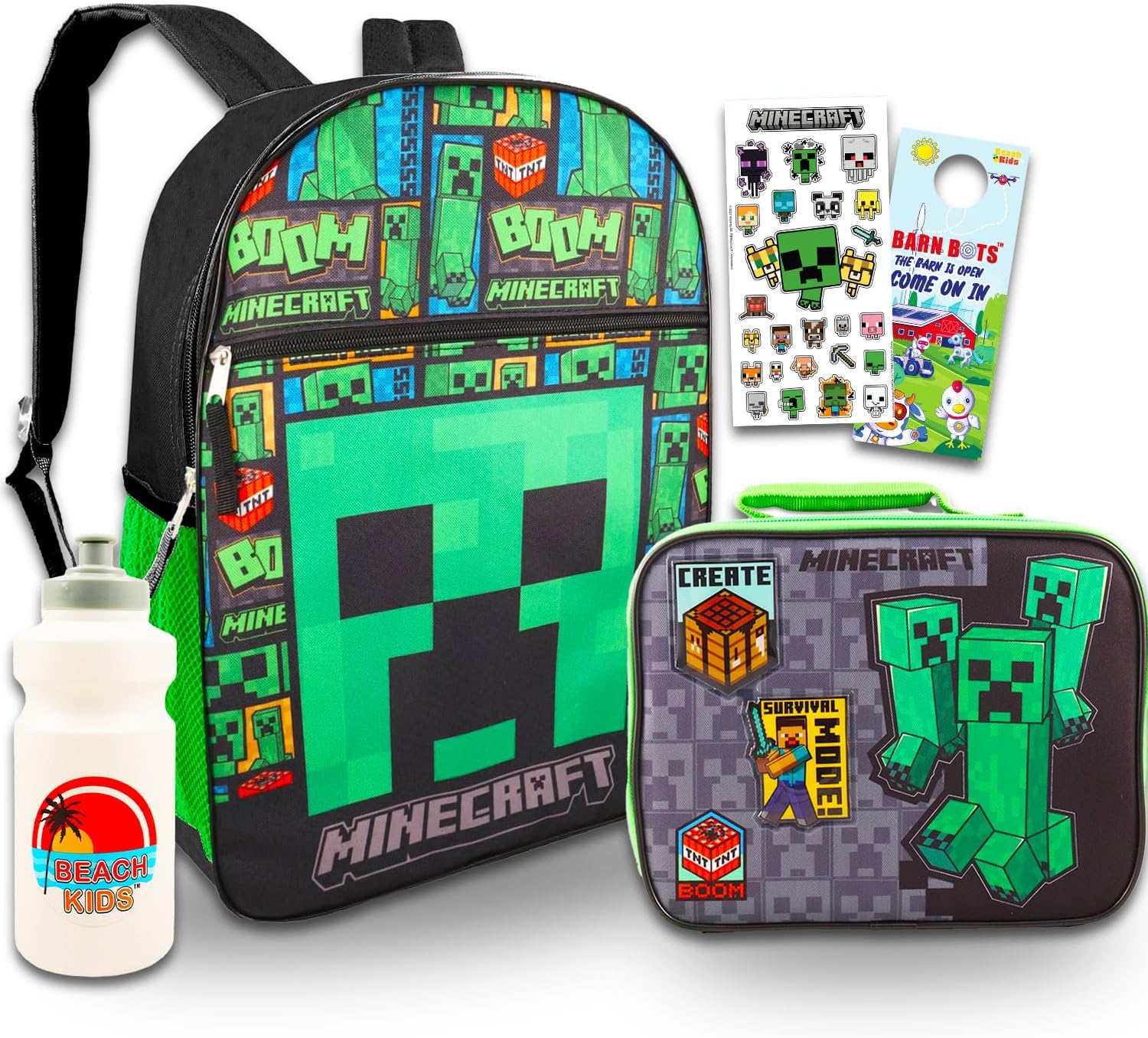 Minecraft Backpack with Lunch Bag Set - Bundle with 16” Backpack, Lunch Box, Water Bottle, Stickers, More | Minecraft School Bag for Boys
