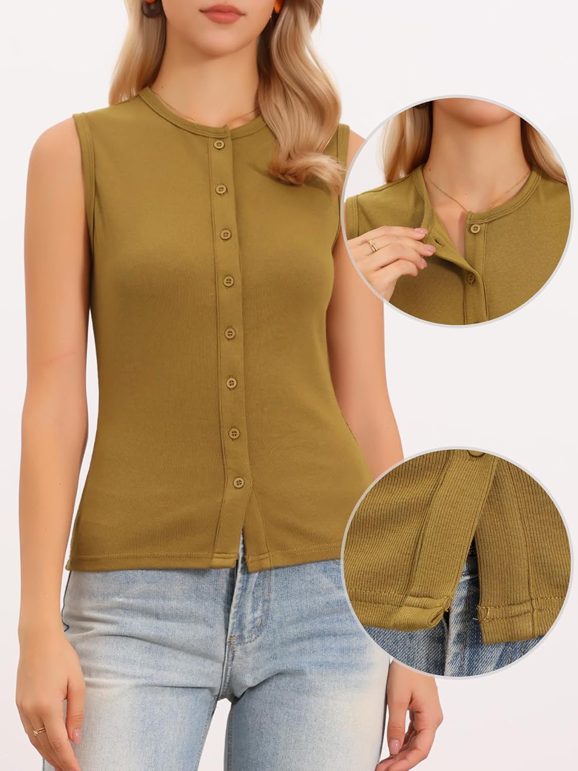 Allegra K Ribbed Tank Tops for Women 2026 Summer Button Down Sleeveless Y2K Going Out Vest Top - Image 4