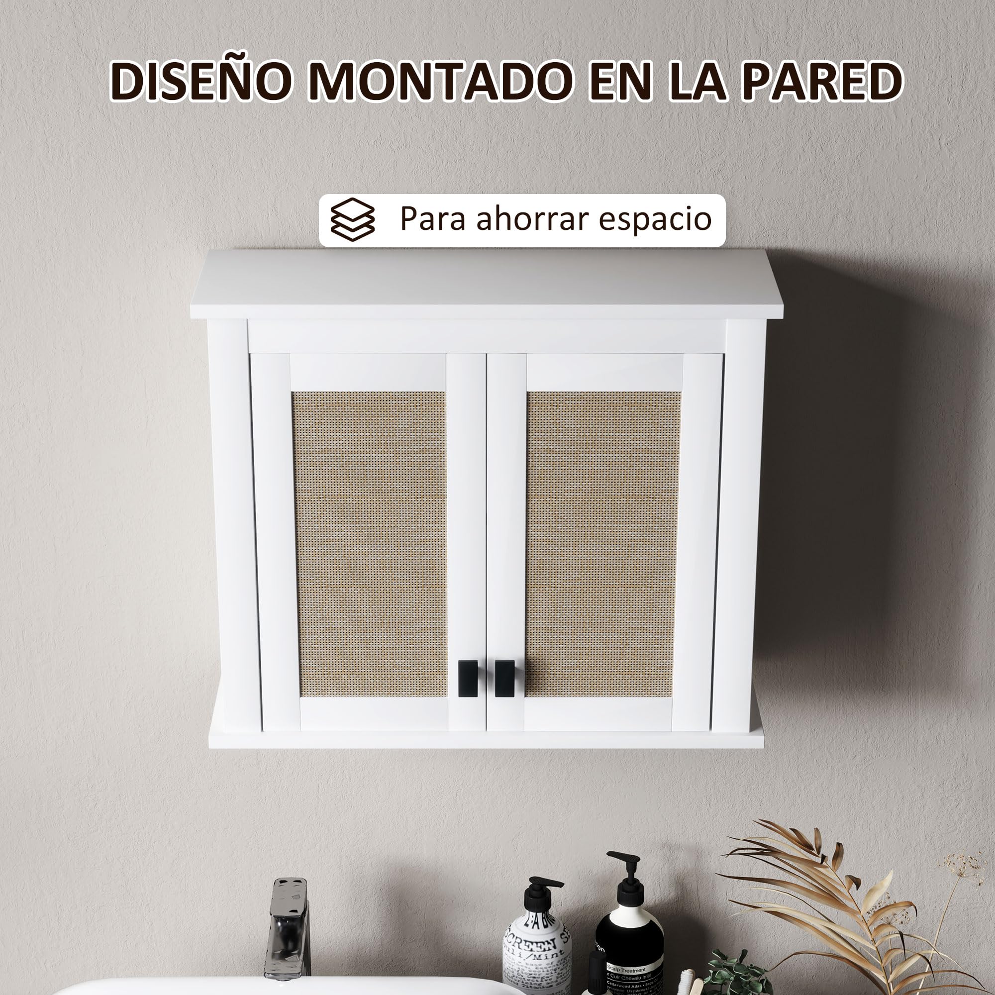 HOMCOM Armario de Pared para Baño Mueble Baño Suspendido 60 cm Blanco | 2 Puertas de Ratán PE, Estante Ajustable, Multiusos, 60x19,5x49,4 cm
