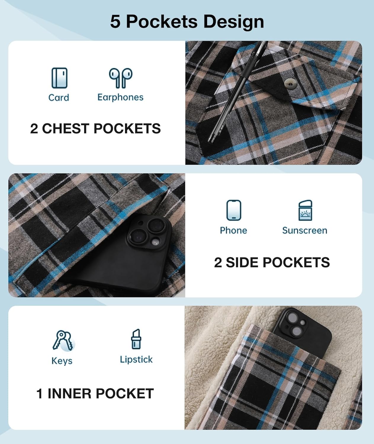 Mens Flannel Plaid Jacket Long Sleeve Fleece Sherpa Lined Winter Jacket Warm Coat - Image 5