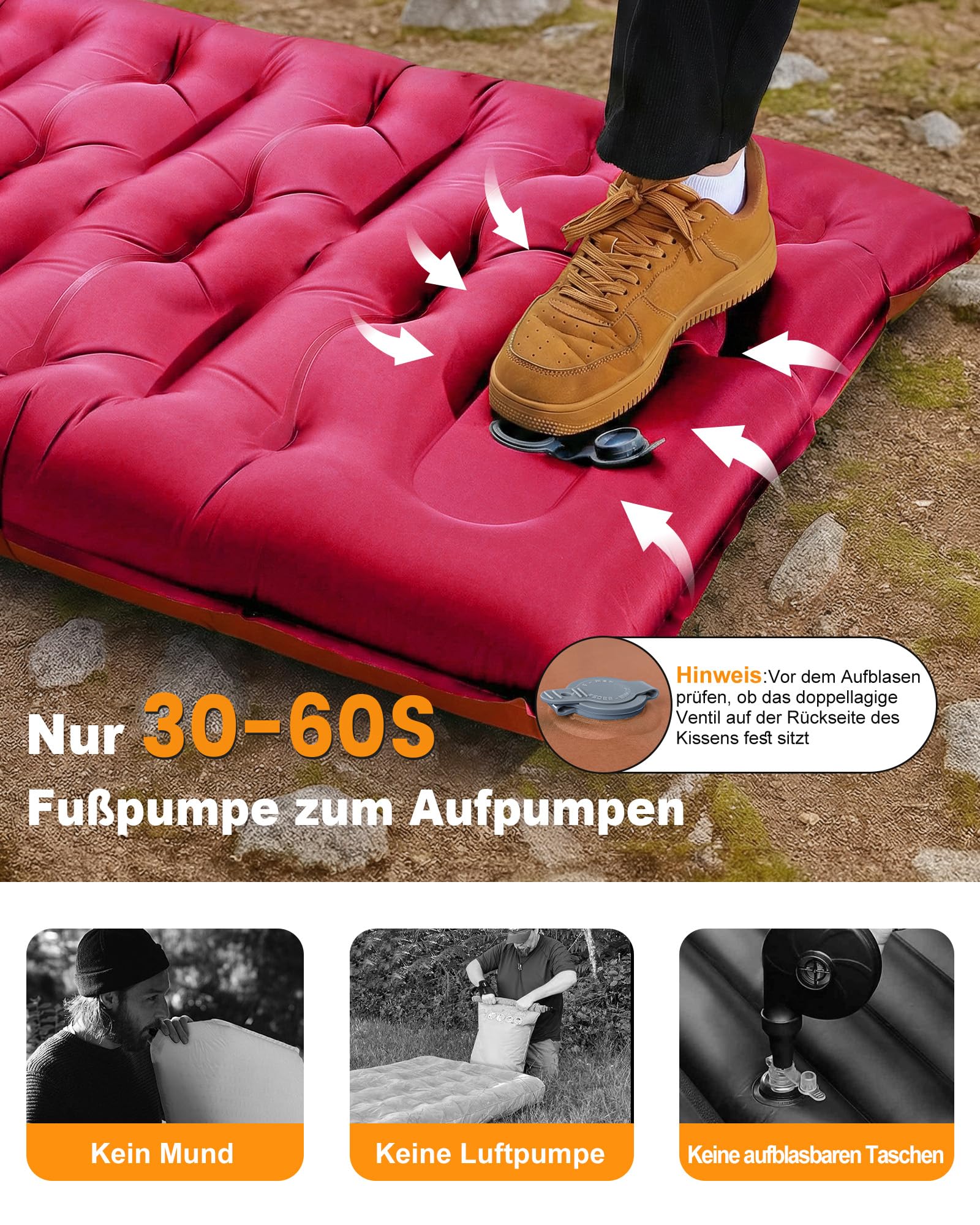 JasGood Isomatte Camping 15CM Ultraleicht Camping Luftmatratze mit Kissen und Fußpumpe Aufblasbare Matratze Kompakte Leichte Schlafmatte für Wandern Reisen Zelt Strand,Braun