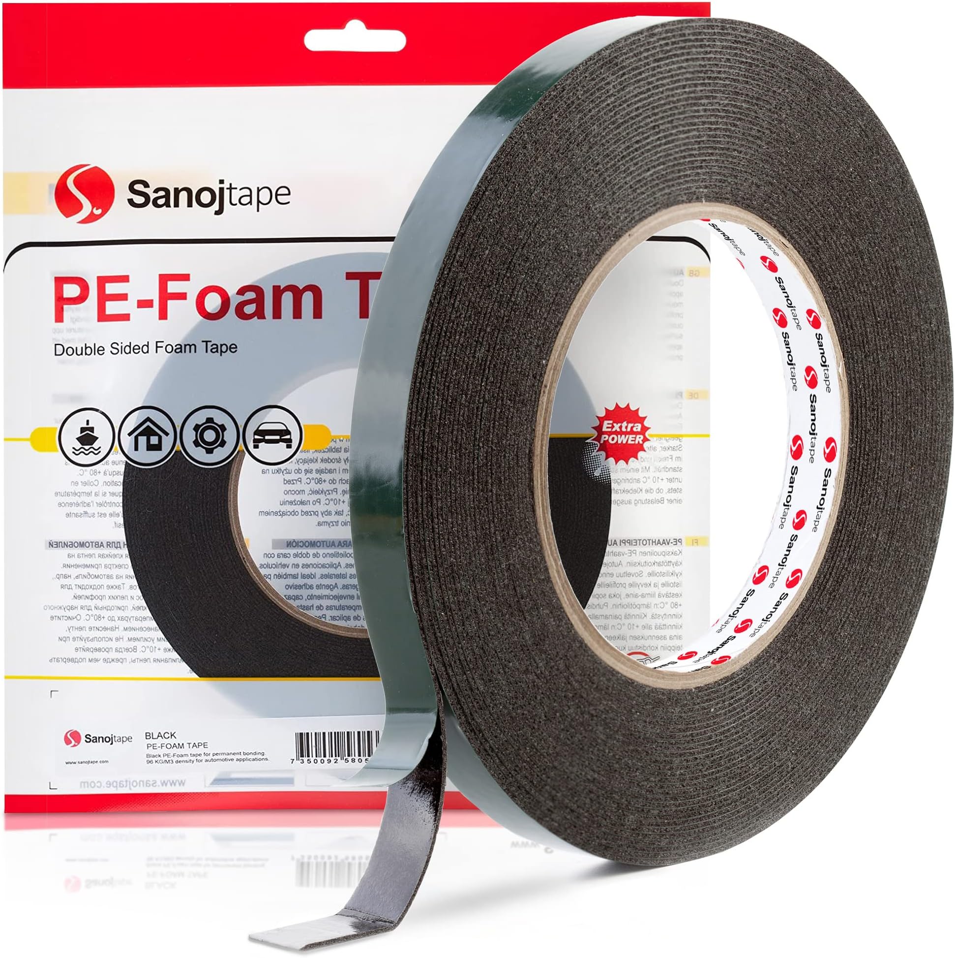 Sanojtape Double Sided Foam Tape Black 12mm x 10m Heavy Duty Mounting Tape Number Plate Sticky Adhesive, LED, Profiles Permanent Strong Glue