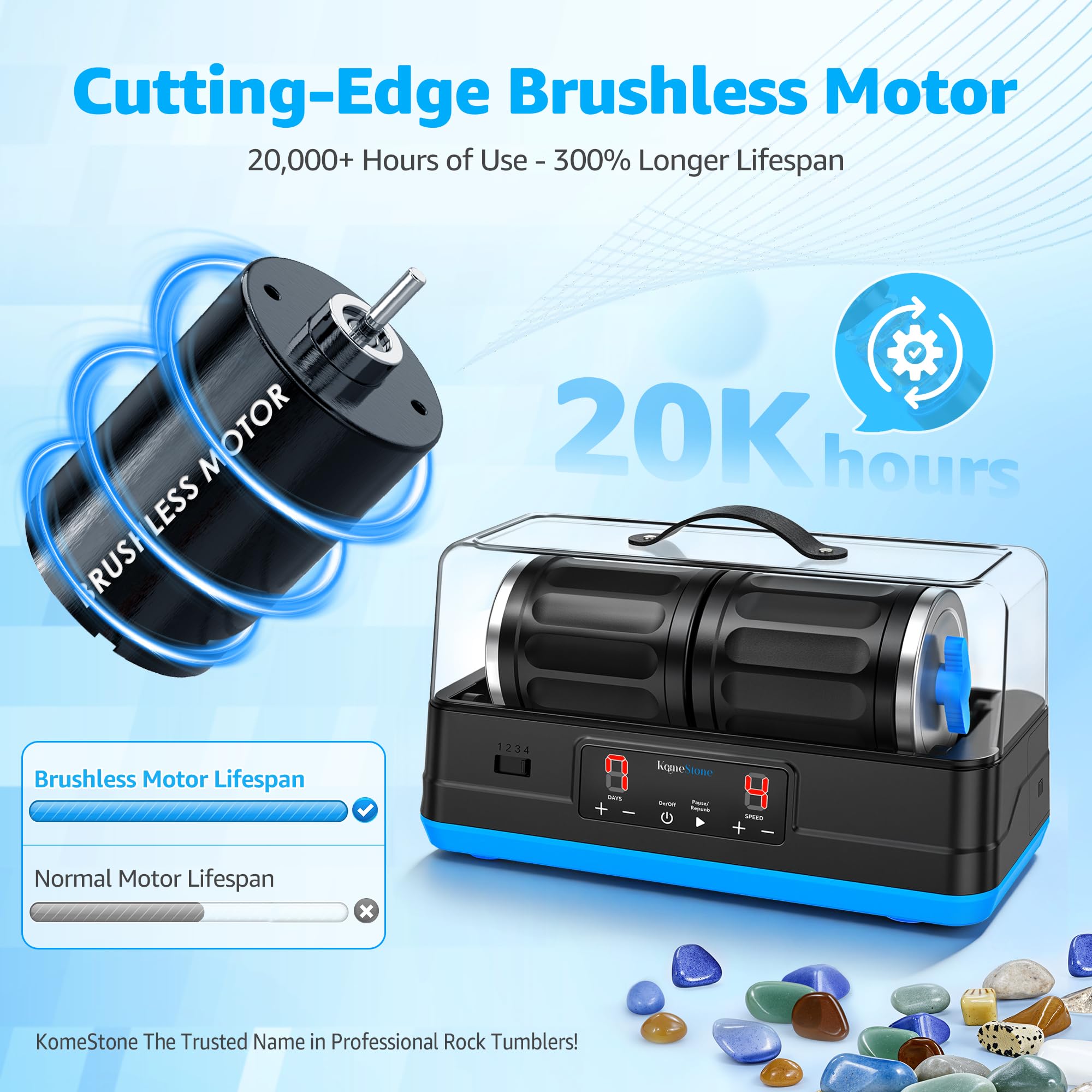 KomeStone Ultra Quiet Brushless Rock Tumbler Kit – 7LB Dual Barrel Polisher with Noise-Canceling Cover, Complete Gemstone & Jewelry STEM Set for Adults & Gift - 2