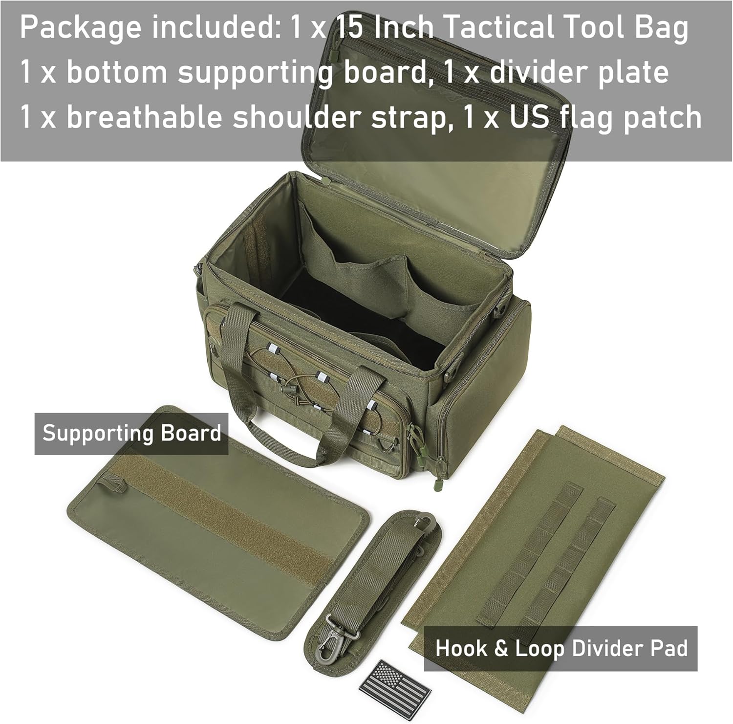 15-Inch Tool Bag Multi-purpose Tool Organizer Bag For Men with Shoulder Strap, Tactical Range Bag Work Tote for Repairman, Carpenters, Handymen (Army Green) - Image 4