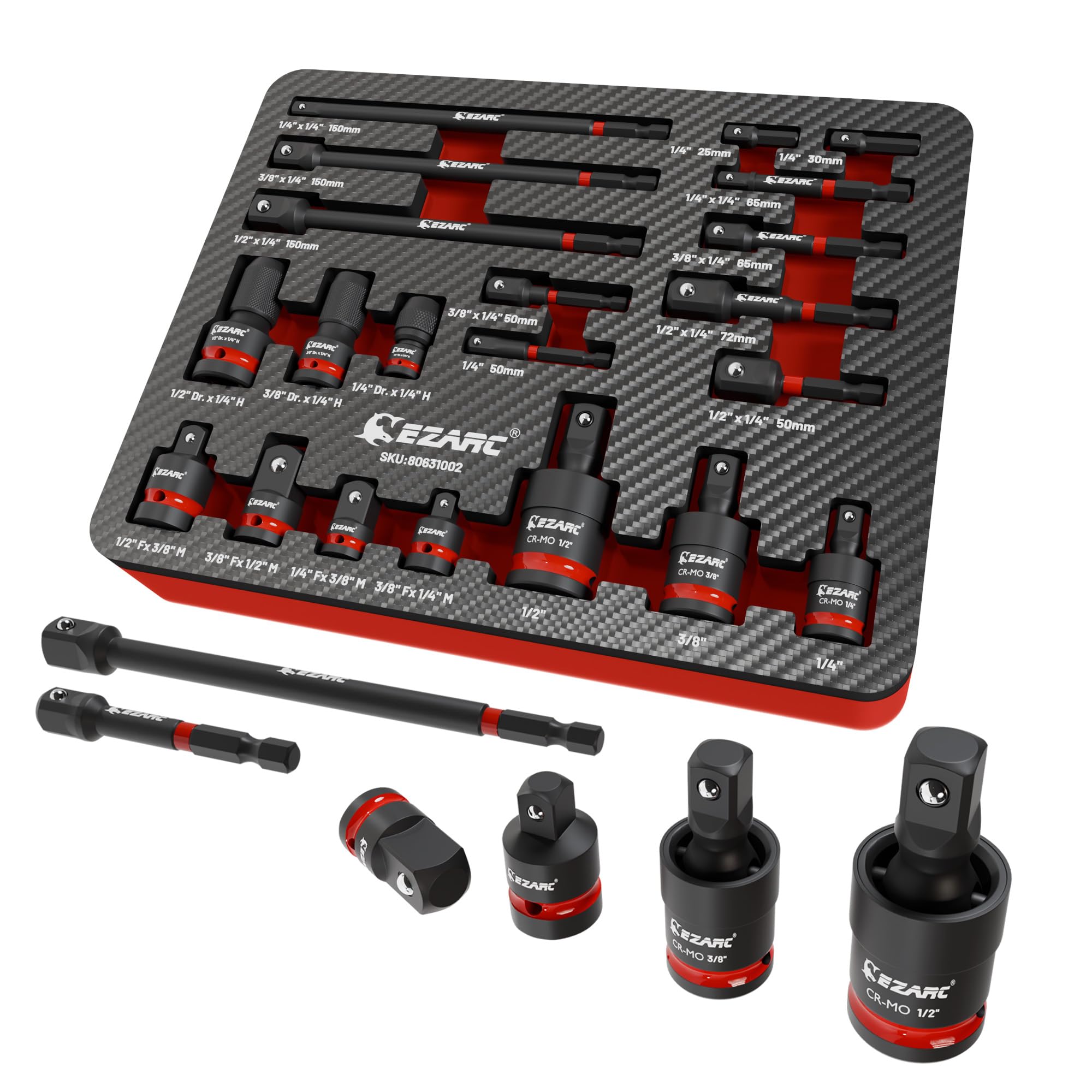 EZARC Stecknuss Adapter Set 21tlg, CR-V Verlängerungen, Kardangelenke | CR-V und CR-MO Stahl mit Manganphosphat, Reduzierstücke, 360° Kardangelenke, Impact Adapter, Lasergravur, XPE-Schaumeinlage