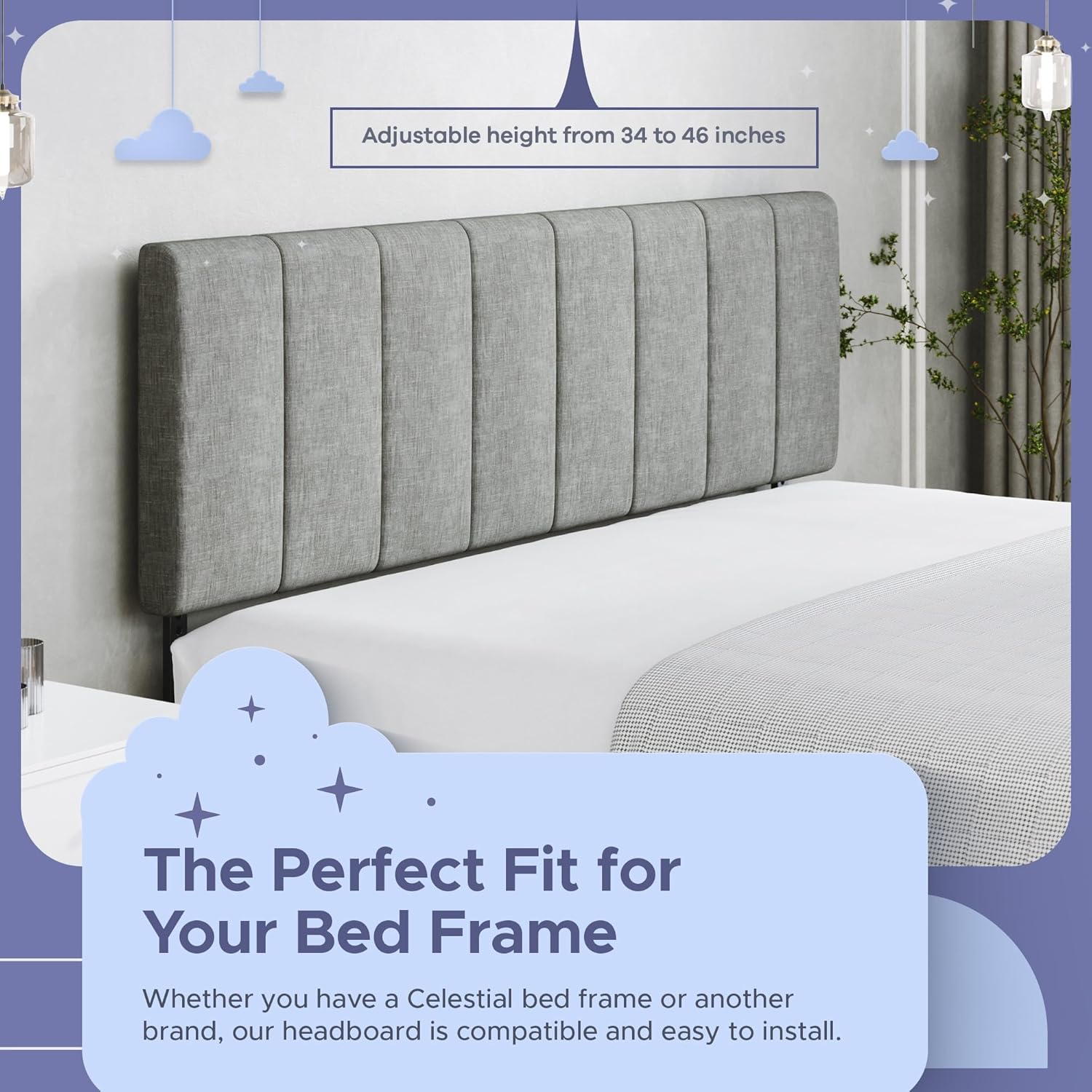 Celestial Sleep Vertical Channel-Tufted Mid-Rise Upholstered Headboard, Wall or Bed Frame Mount - King or California King (Gray)