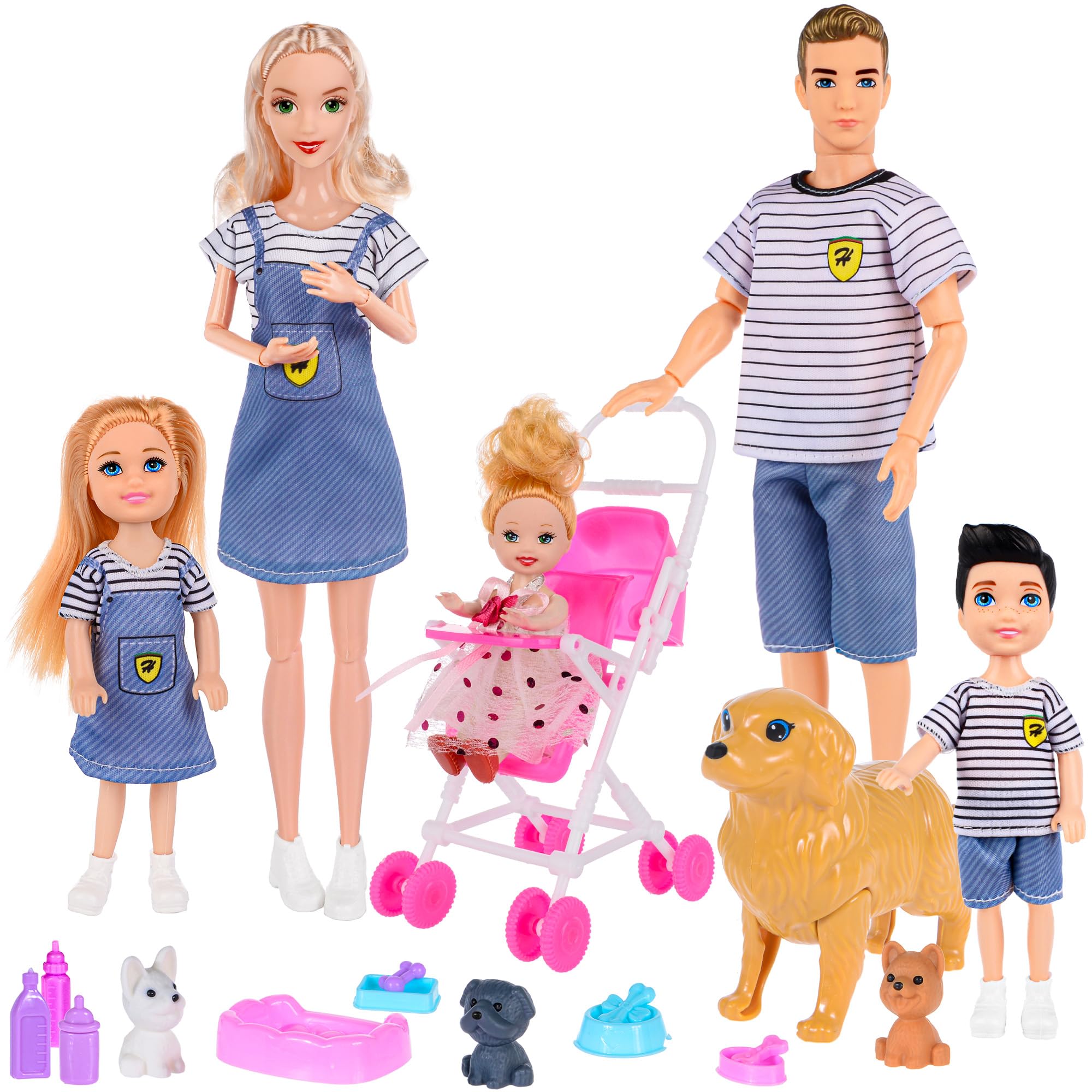 dollbie Juego familiar de muñecas con cochecito de bebé, 6 personas, mascotas y accesorios para 3-12 años de edad | Regalo para niños pequeños con madre embarazada, padre, 3 niños, perros y juego