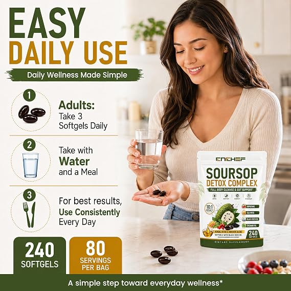 Soursop Supplement with Graviola Extract, Herbal Soursop Bitters Liquid Softgels with Turmeric, Moringa, Berberine, Black Seed Oil & Sea Moss for Digestive, Immune & Antioxidant Support, 240 Softgels