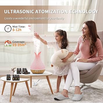 500ML Essential Oil Diffuser with 10 Essential Oils Gift Set, Aromatherapy Diffuser Humidifier with 2 Mist Mode 4 Timers& 7 Ambient Light Waterless Auto Off for Large Room Home Office