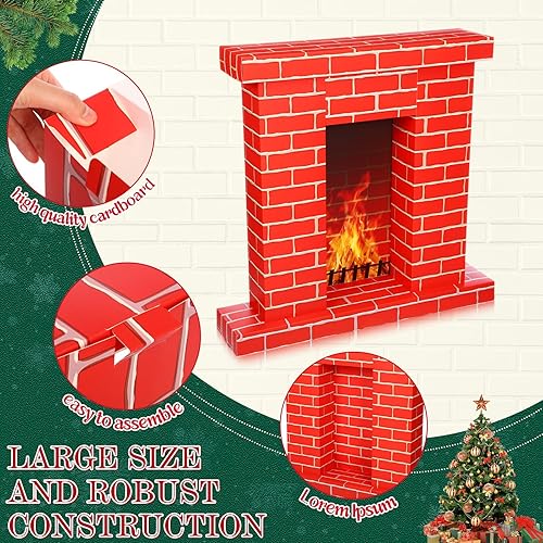 Miniatura 5 de Chimenea de cartón navideño de 35.5 x 31.5 x 8 pulgadas, chimenea corrugada falsa con accesorios fotográficos de fuego, cartón de tamaño real 3D,