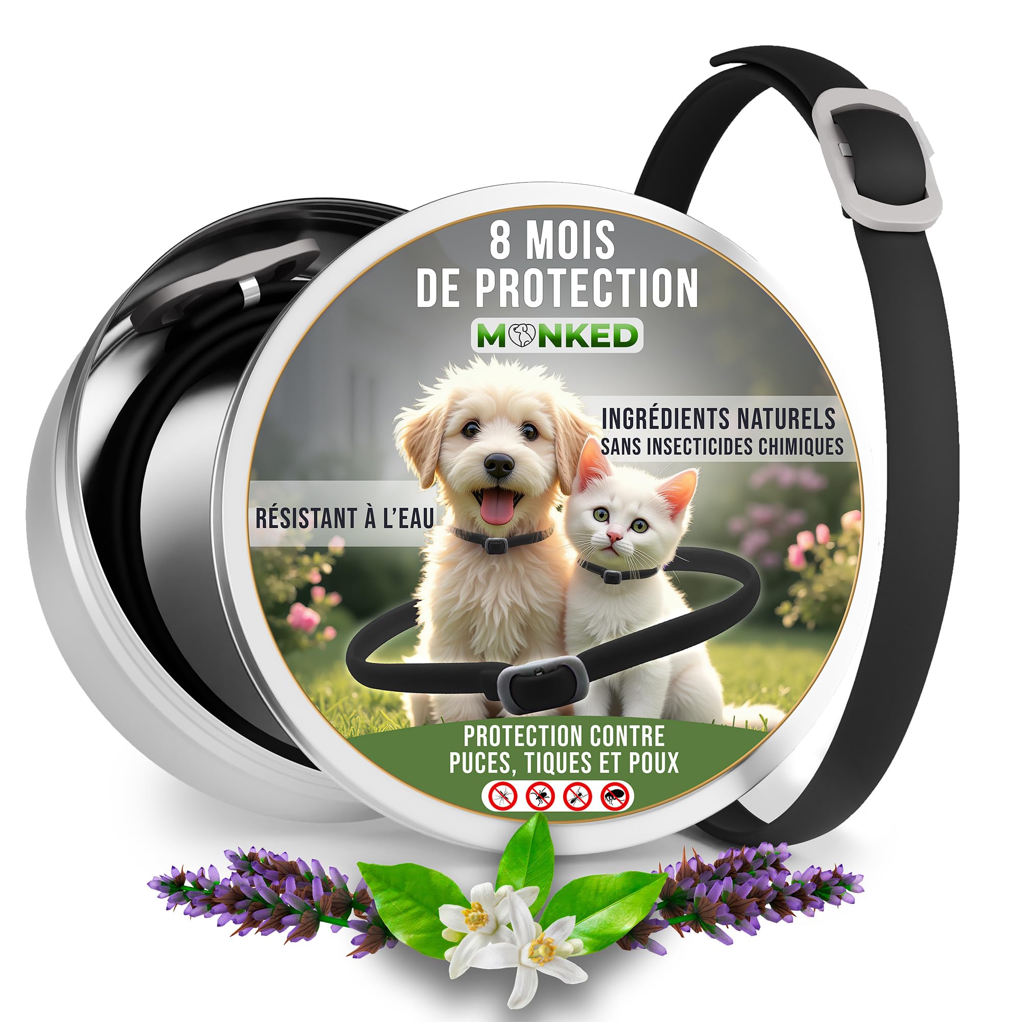 Collier anti-tiques chien puces ajustable Monked anti-parasitaire naturel 8 mois