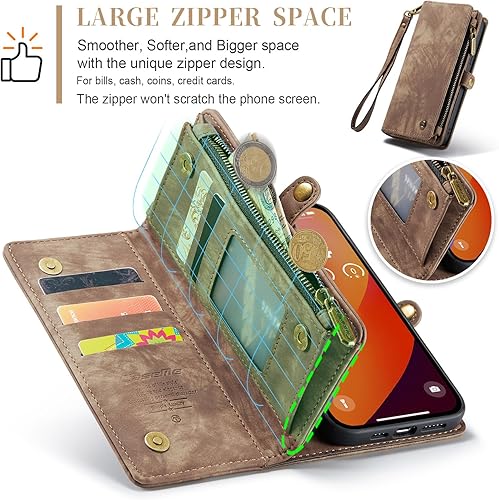 Miniatura 6 de Kowauri Funda tipo cartera para iPhone 15 Pro Max, con cremallera, de piel con tarjetero y correa para la muñeca, desmontable, magnética, a prueba