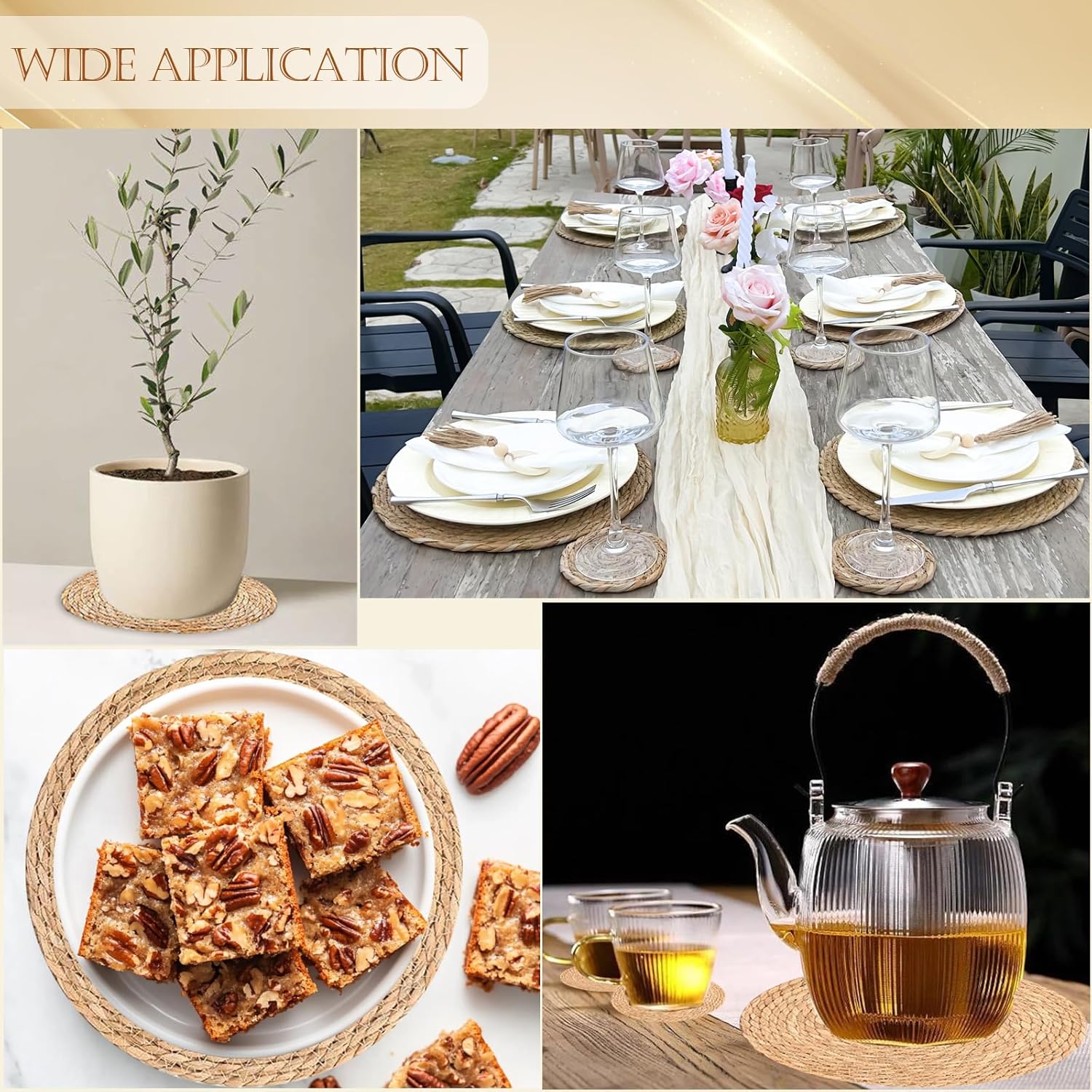 Boho Placemats Set of 6, 12" Round Woven Placemats, Rustic Praided Table Place Mats with Coasters and Napkin Rings, Wicker Water Hyacinth Placemats Farmhouse Rattan Placemat for Dining Table, Décor