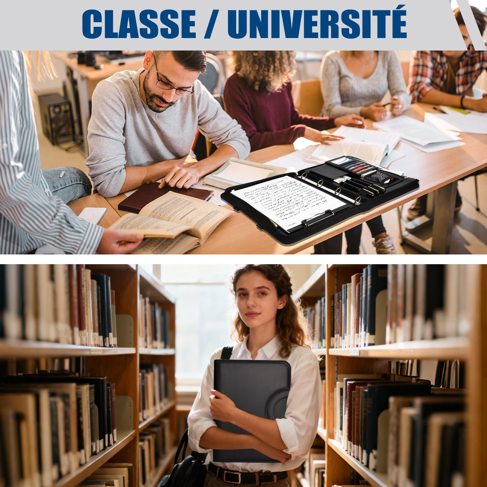 Porte Document A4 Cuir PU avec 5 Intercalaires, Portefeuille Portfolio Organiseur Bureau Noir