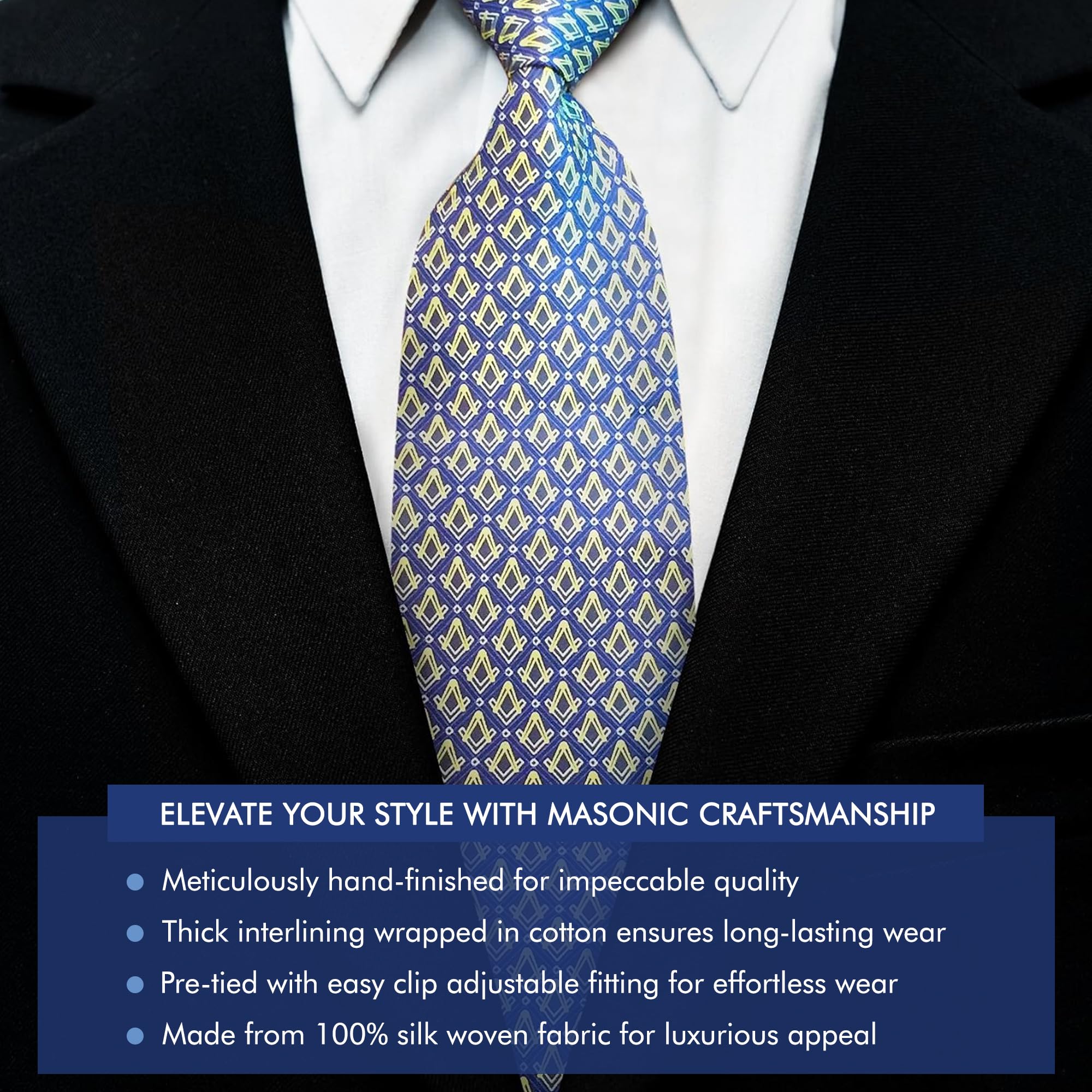 THE MASONIC COLLECTION - Corbata, pajarita y pañuelo 100% seda tejida - Cuadrado y brújula - Regalo masón para hombres